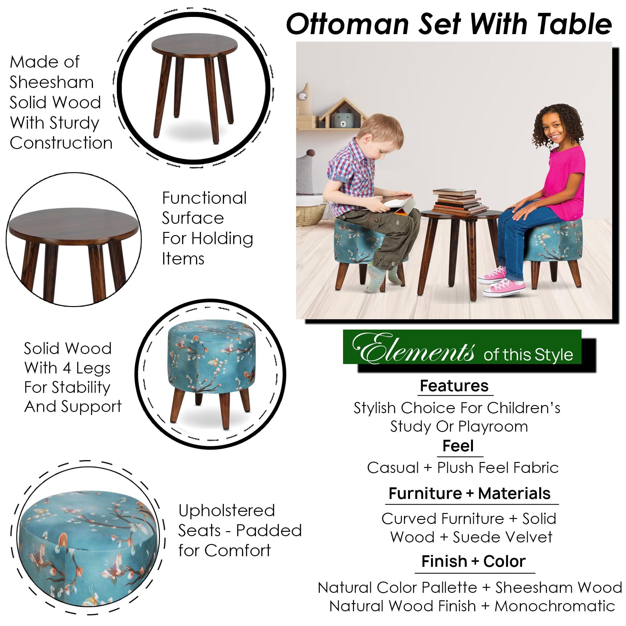 Aurora Solid Wood  Ottomon in  Blue Colour