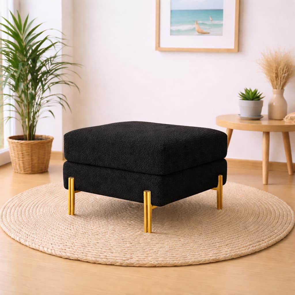 Doe Buck Luxe Boucle Square Ottoman in Black Colour with Gold Metal Legs - Doe Buck
