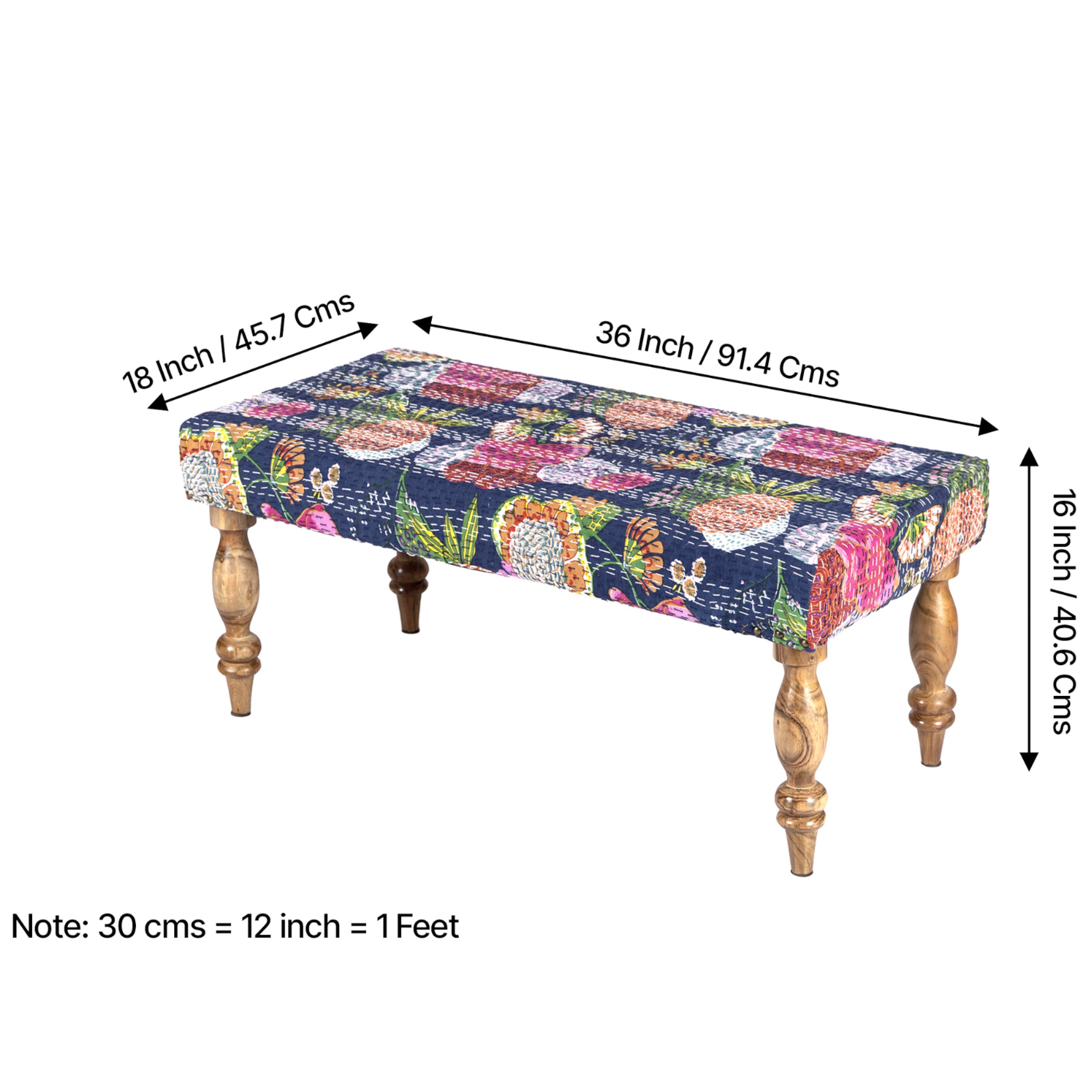 Bestone Sheesham Wood Mid Century 2 Seater Bench In Fruit Print Blue Kantha