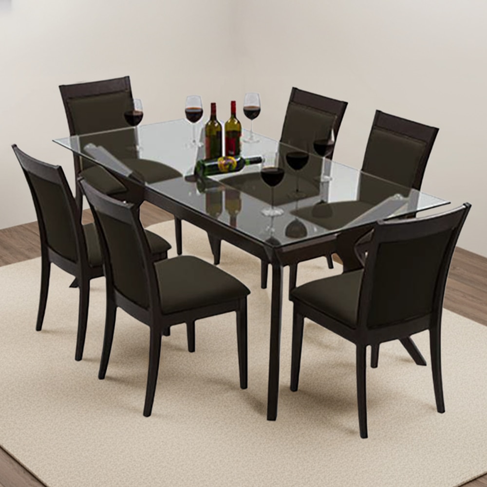 Wesley 6 Seater Dining Table With 6 Dalla Chairs (Chair Colour- Grey , Finish- Dark Walnut)