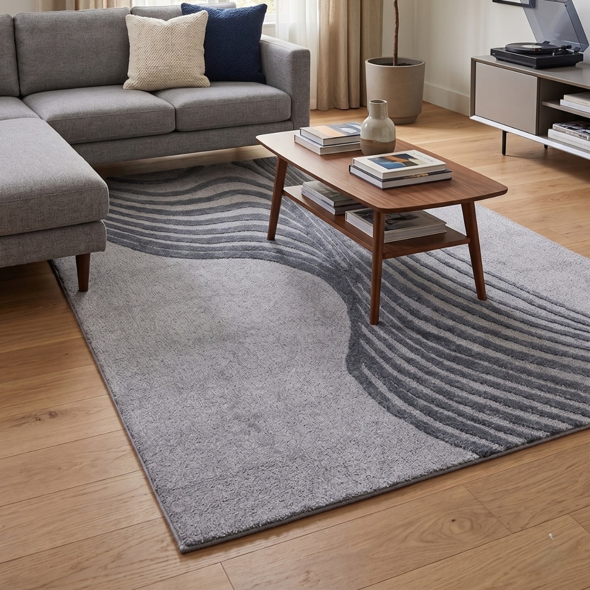 Handmade Wool Silk Area Rug Modern Wave Grey 3 x 5 Feet Carpet - NEU LOOMS