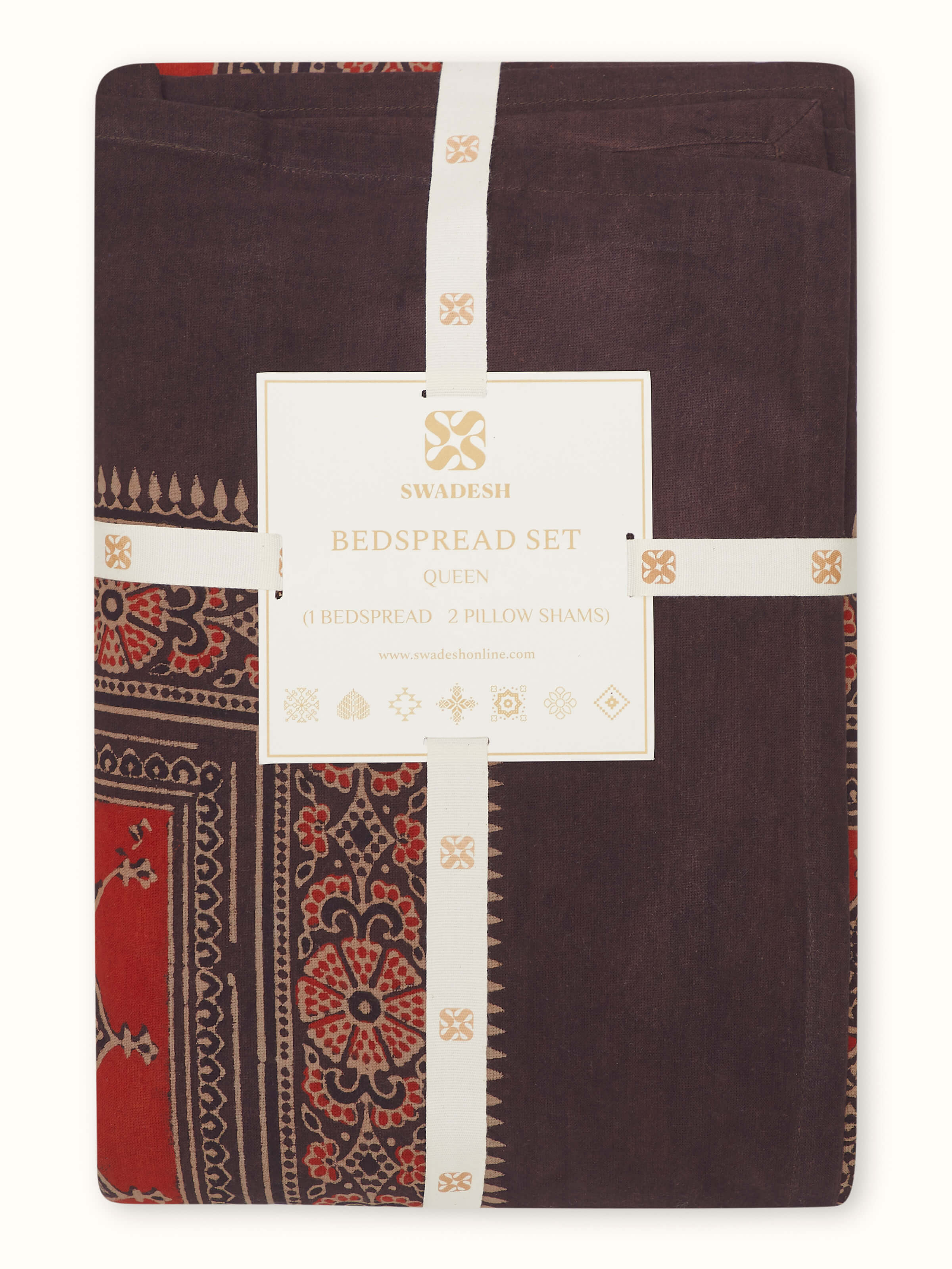 Full view of Sindh multicolour jaal cotton ajrakh block printed queen bedspread set laid out, demonstrating the overall design and size