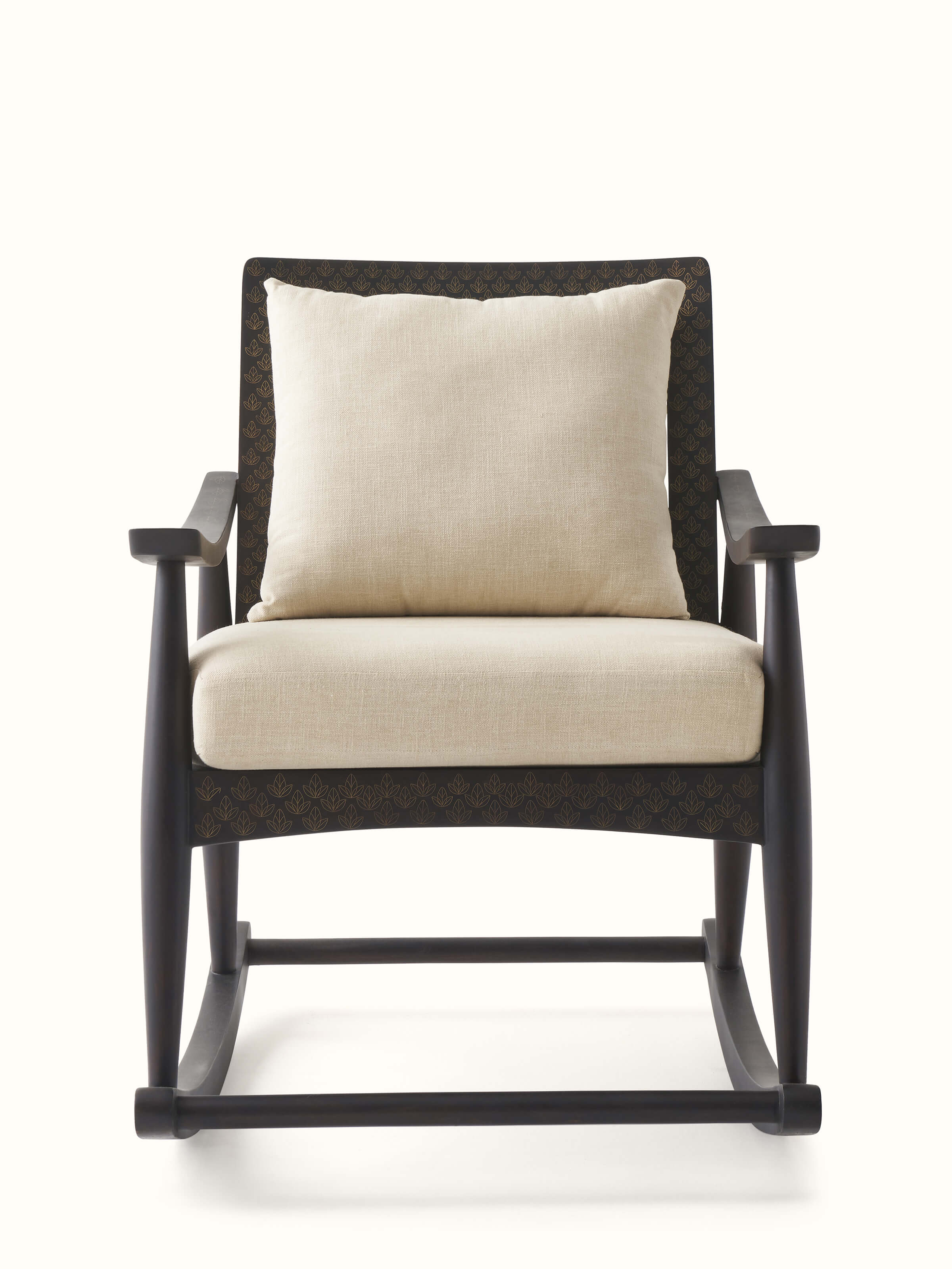 Sheesham wood rocking chair with brass tarkashi inlay, showcasing intricate traditional designs and luxurious craftsmanship.