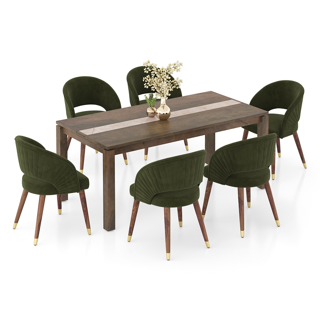 Atlas Crest Solid Wood 6 Seater Dining Table In Danish Walnut Finish with 6 Celia Accent Dining Chair in Deep Olive Velvet Fabric in Dark Teak Finish