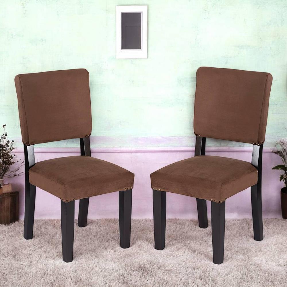 Newport wood Set of 2 Dining Chairs in Taupe Brown Velvet Upholstery with MAHAGONY FINISH