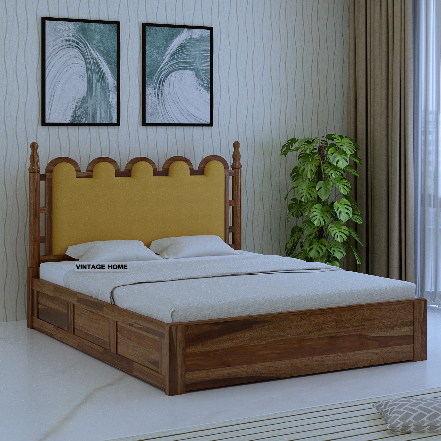 Heritage Sheesham Wood Queen Size Bed With Box Storage in Provincial Teak Finish-image-17