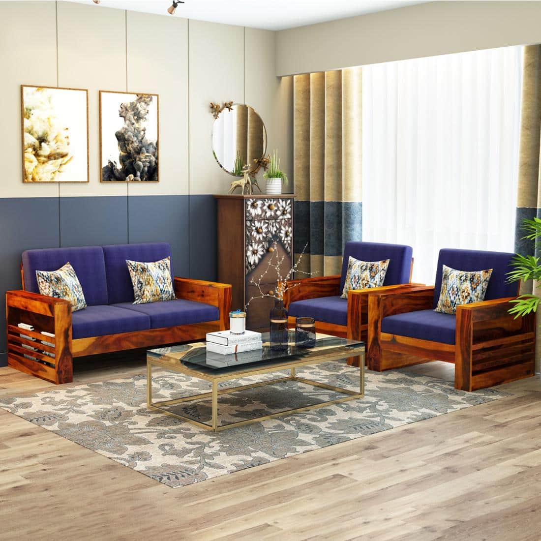 Maruti 2+1+1 Seater Wooden Sofa (BLUE Colour, Honey Finish)