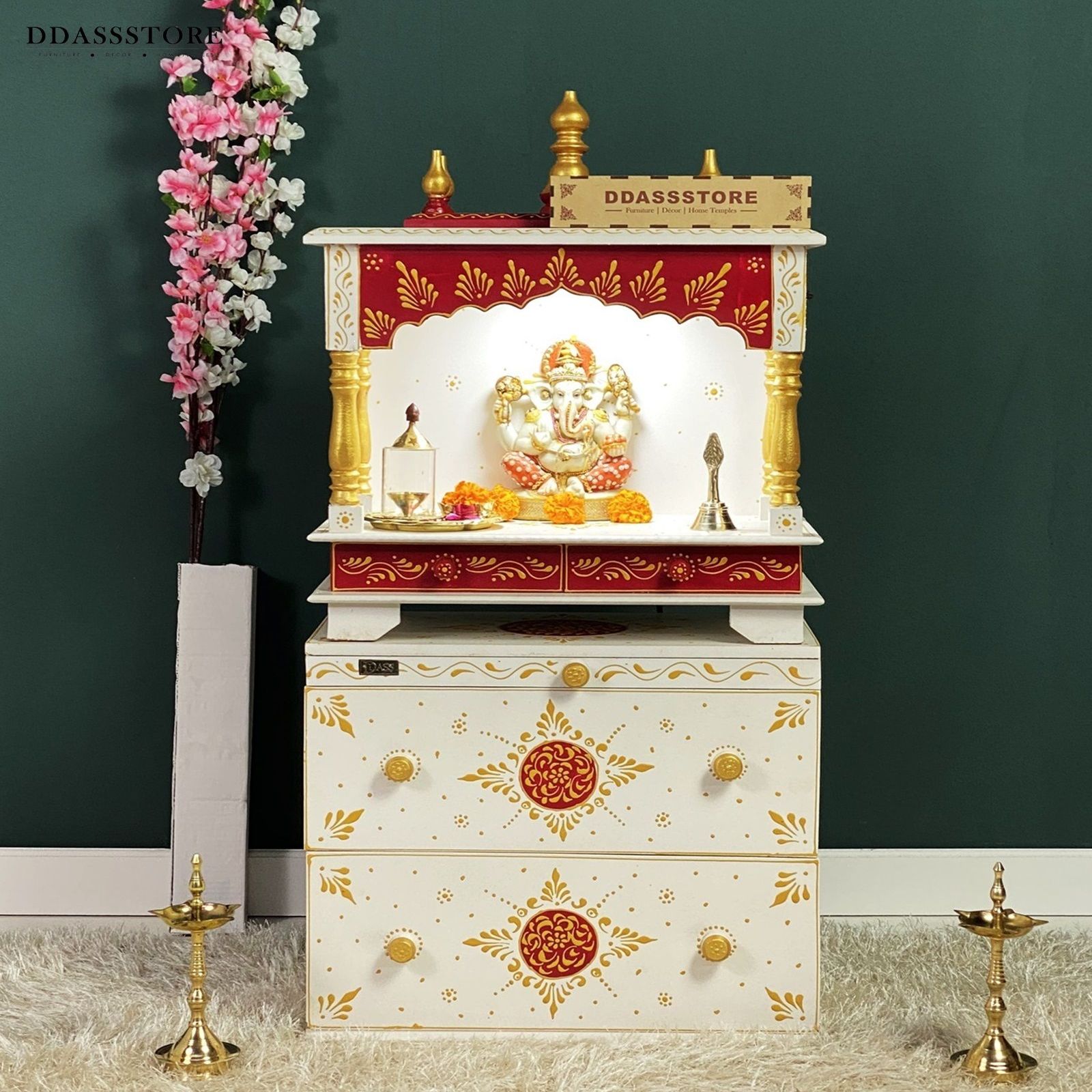 D'Dass Multi Color Mdf and Sheesham Wooden Temple With Cabinet For Pooja