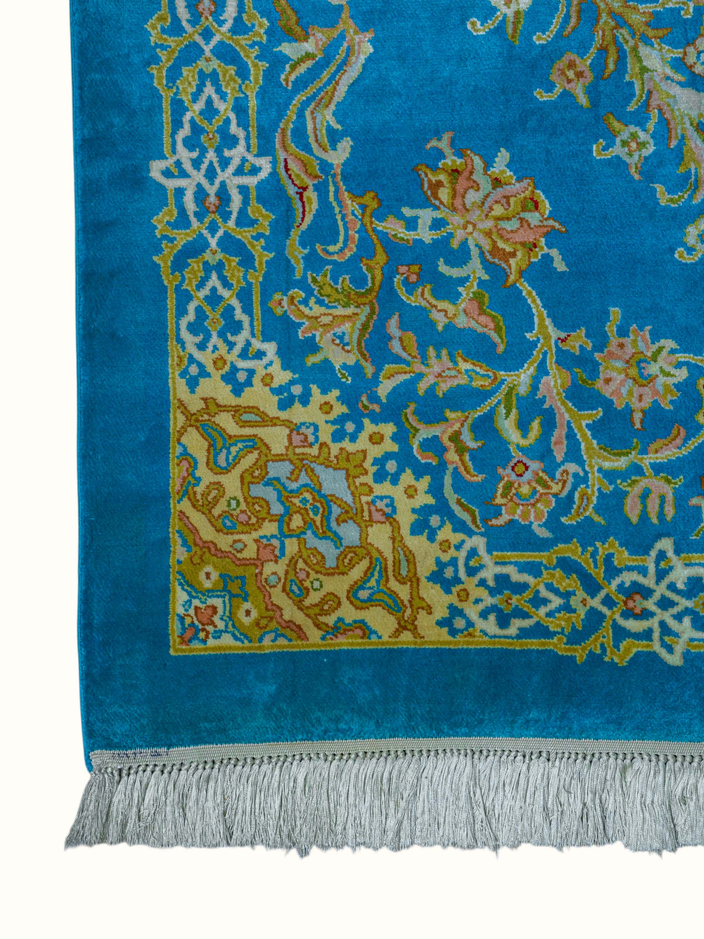 Traditional Persian Turquoise Guldani Kashmir Silk Hand-Knotted Carpet