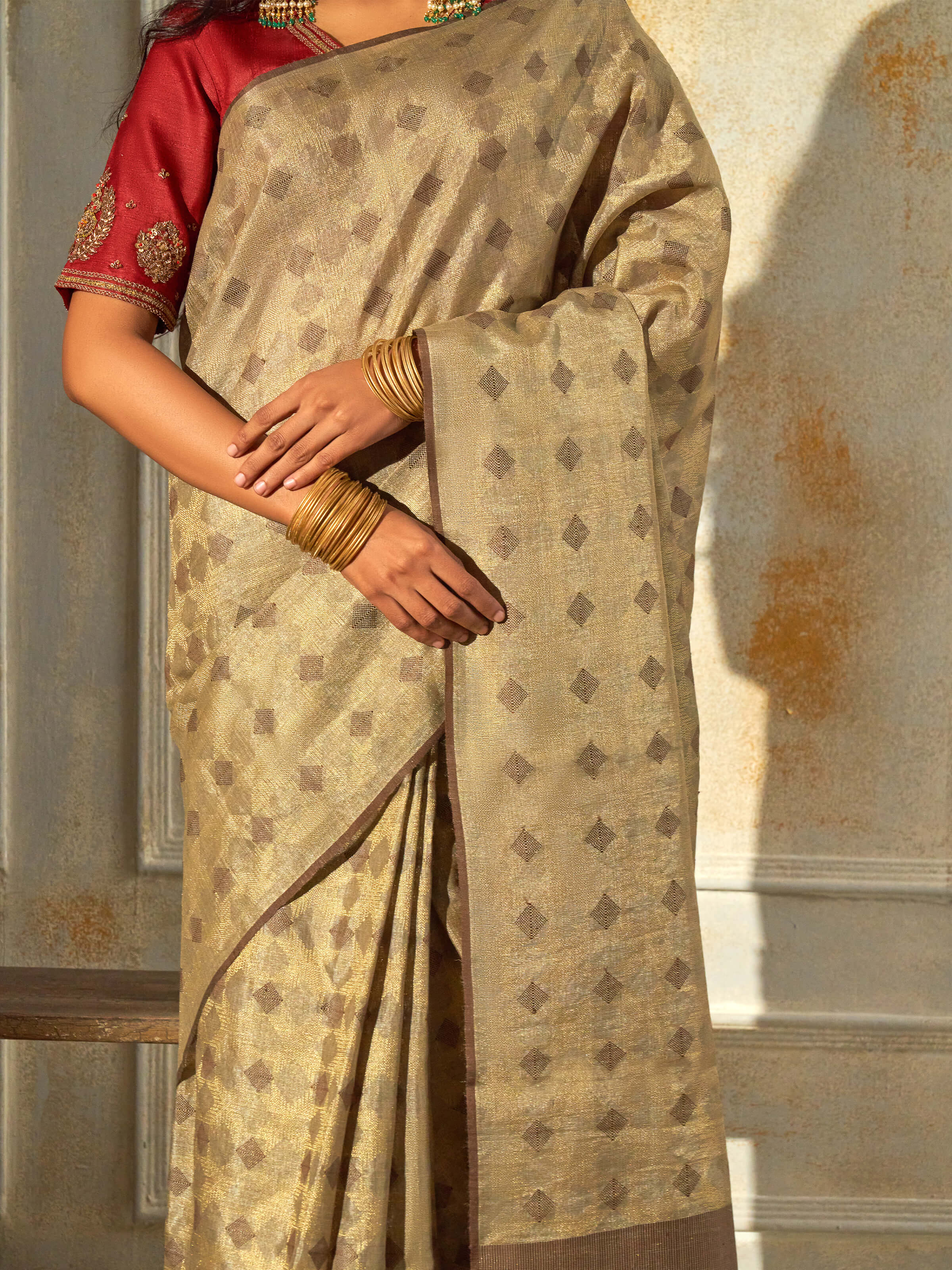 Beige Tussar Silk Saree