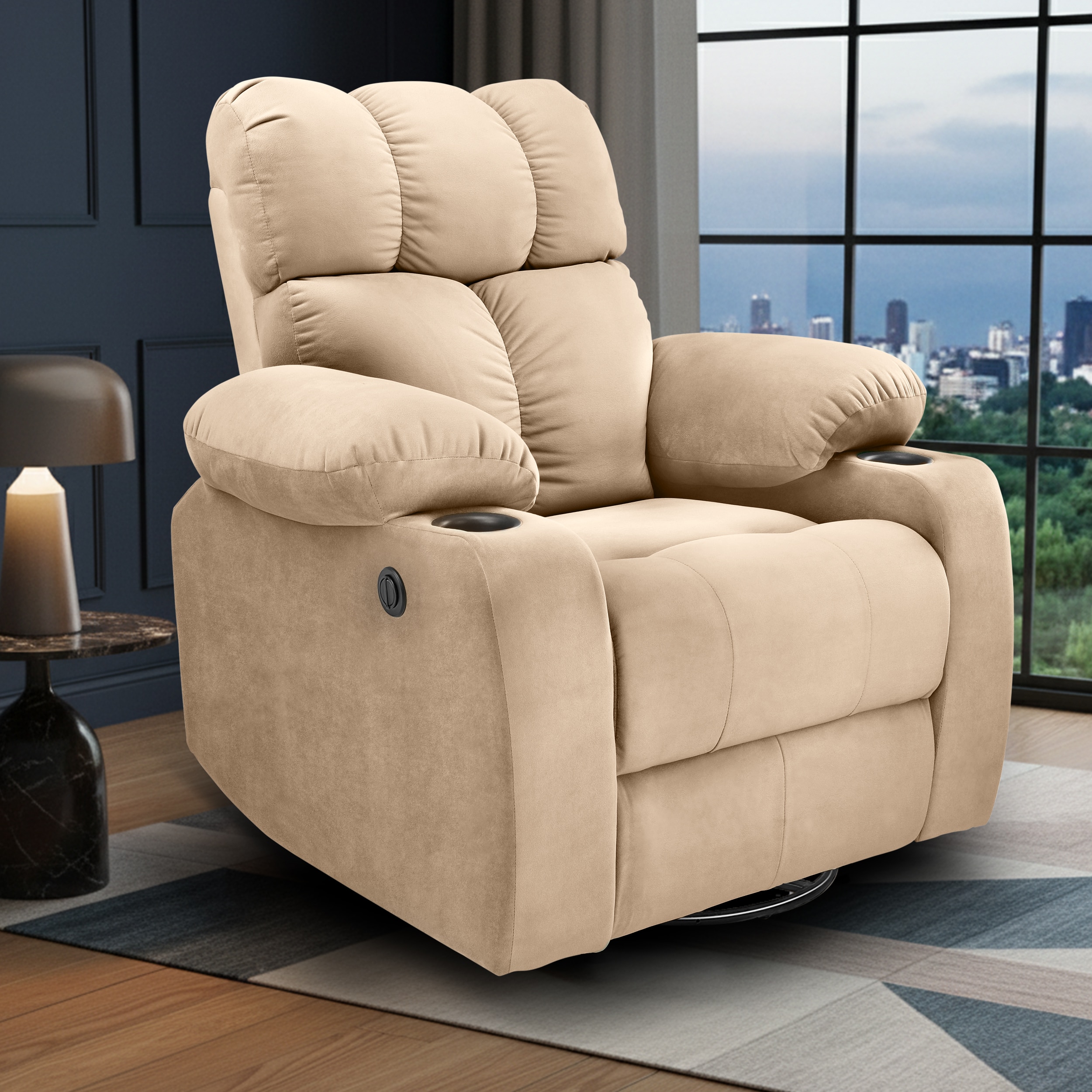 Helios Motorised Recliner Chair for with Rocking Revolving with Cup Holder Premium Soft Suede Fabric 1 Seater Chair - Beige