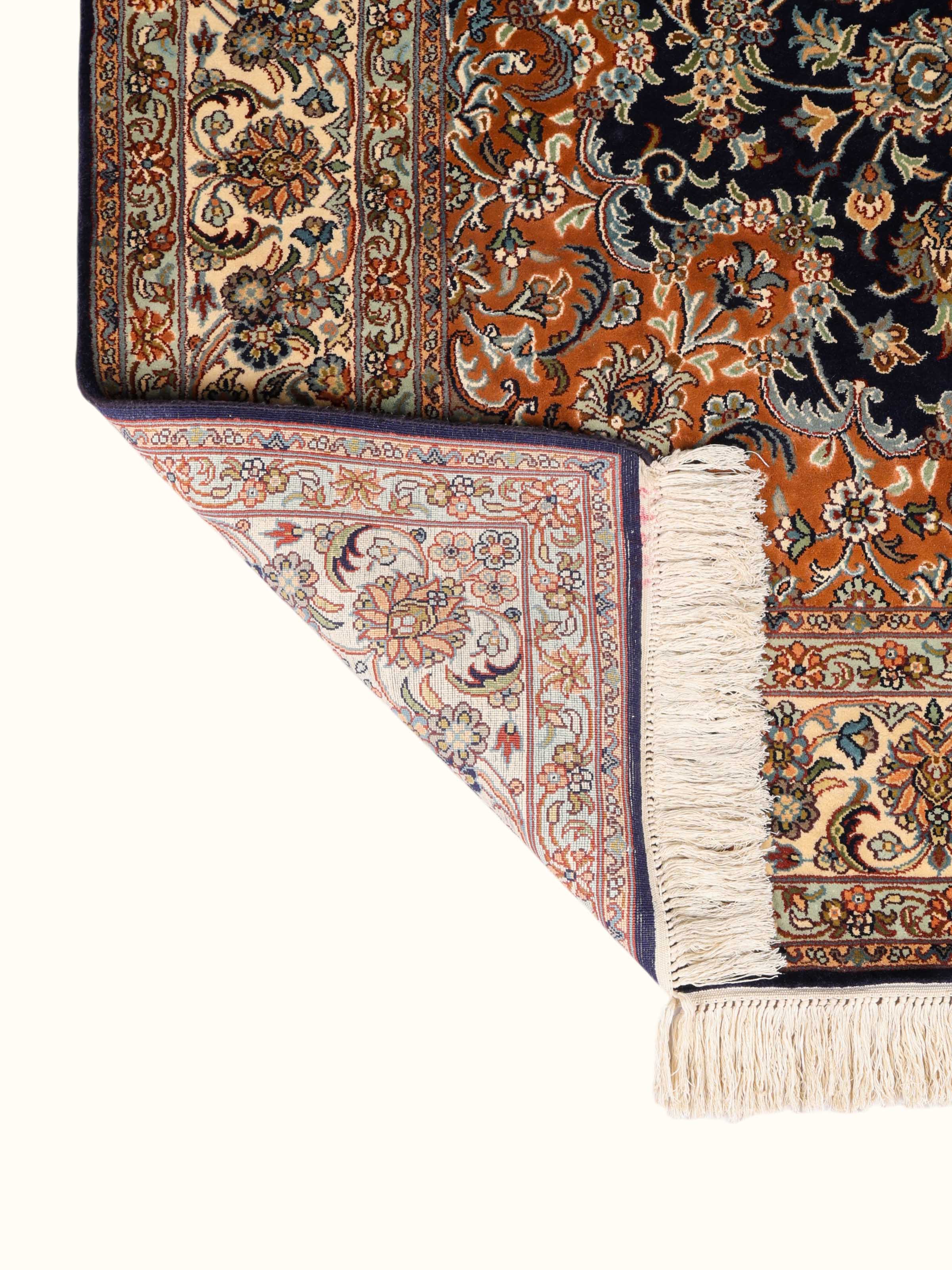 Traditional Persian Navy Rust Kashan Kashmir Silk Hand-Knotted Carpet