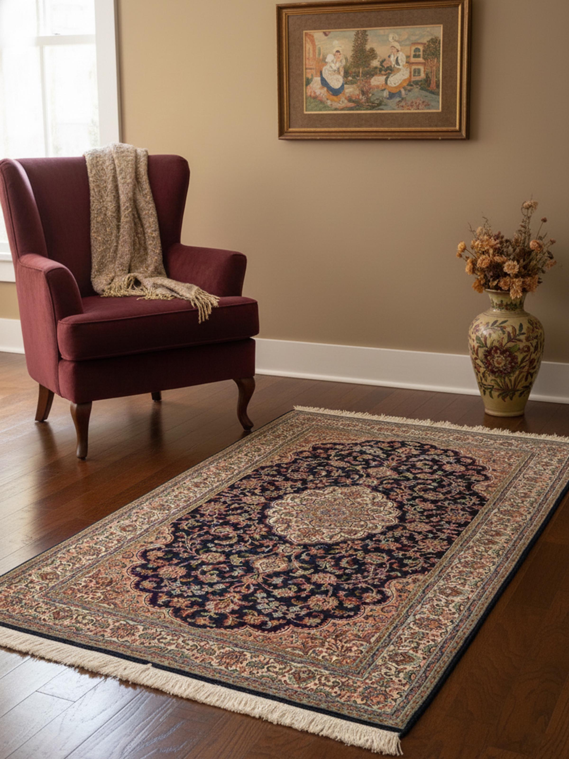 Traditional Persian navy blue Kashan Kashmir silk hand-knotted carpet in living room setting