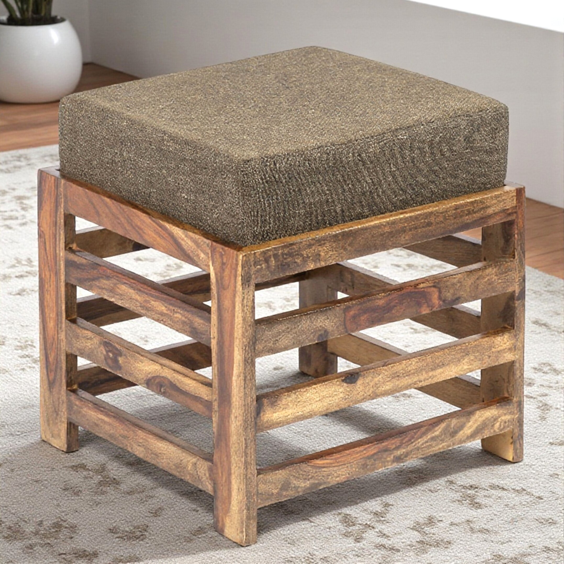 Houston Sheesham Wood Stool in Teak Finish with Jute Brown Cushion