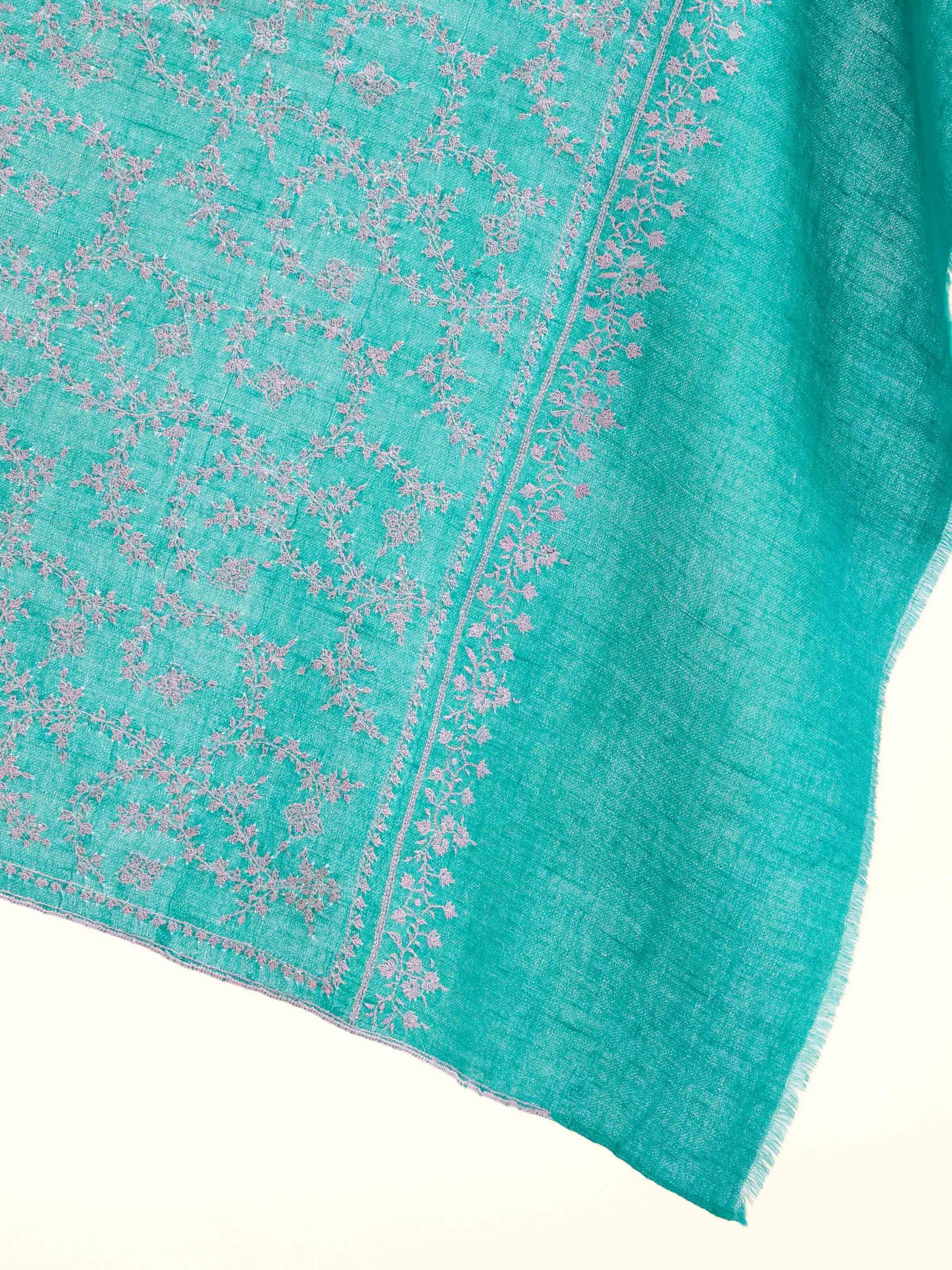 Detail view of Wahida pashmina sozni embroidered stole showing delicate craftsmanship