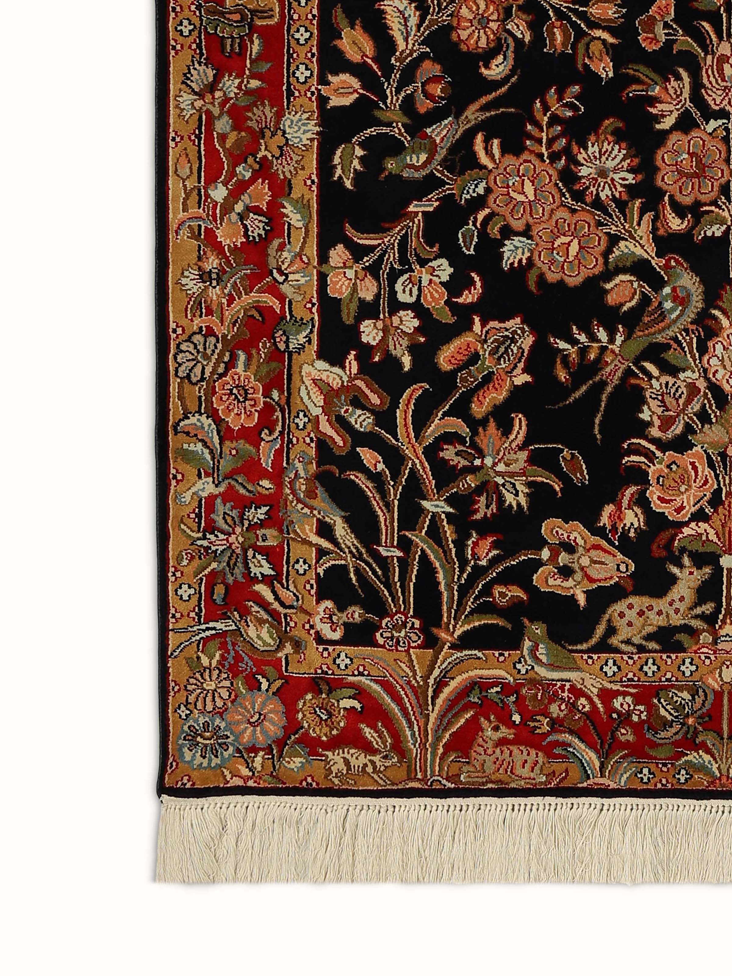Traditional Persian Black Garden Kashmir Silk Hand-knotted Rug