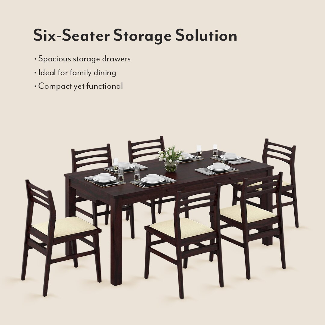 Arabia Leon Solid Wood 6 Seater Dining Table With Set Of 6 Chairs (Colour- Camilla Ivory, Finish- Mahogany)