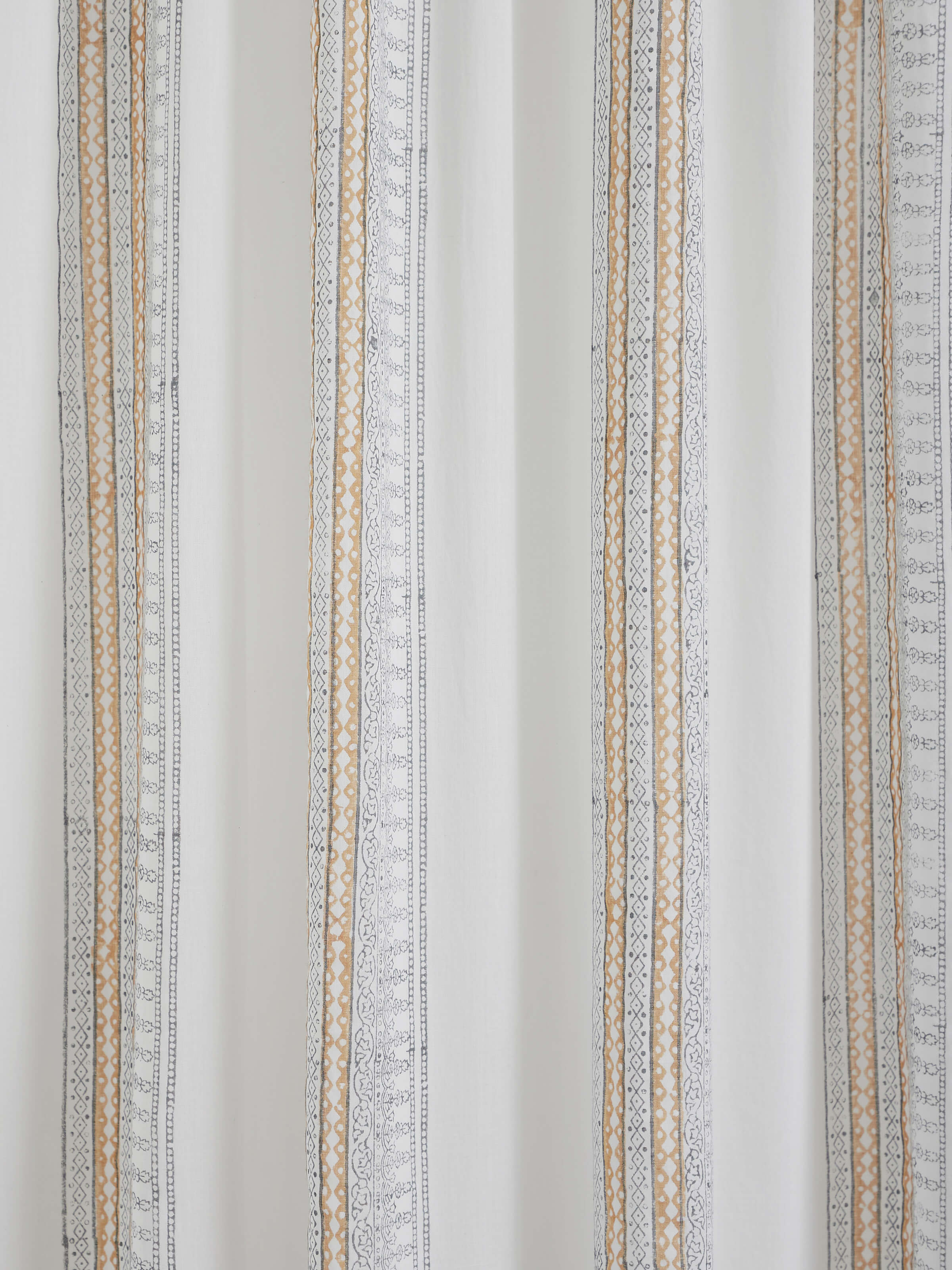 Sanganeri hand block print grey block stripe sheer curtain 7 ft, detail of fabric pattern