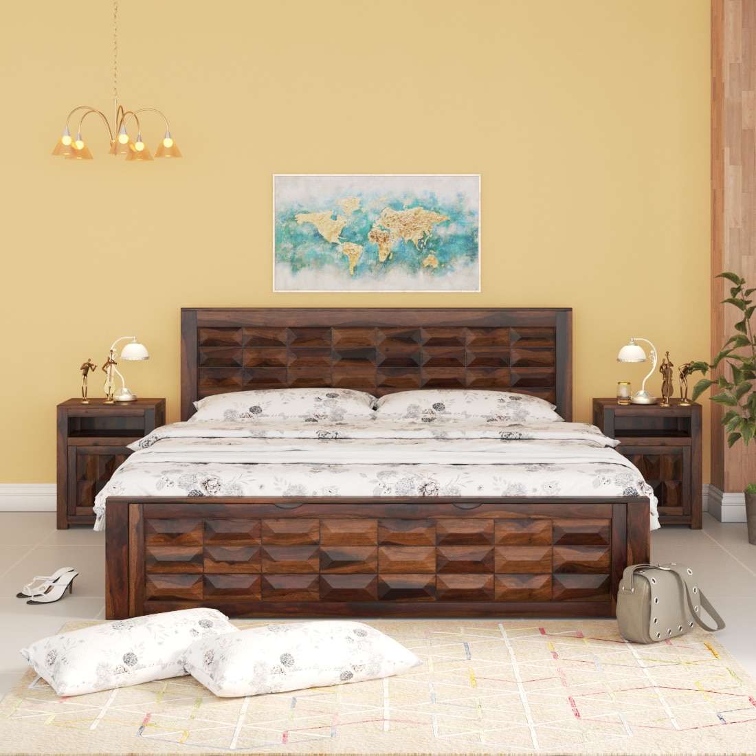 Shashi Solid Wood King Size Bed With Box & Front Drawer Storage Bed In Provincial Teak Finish