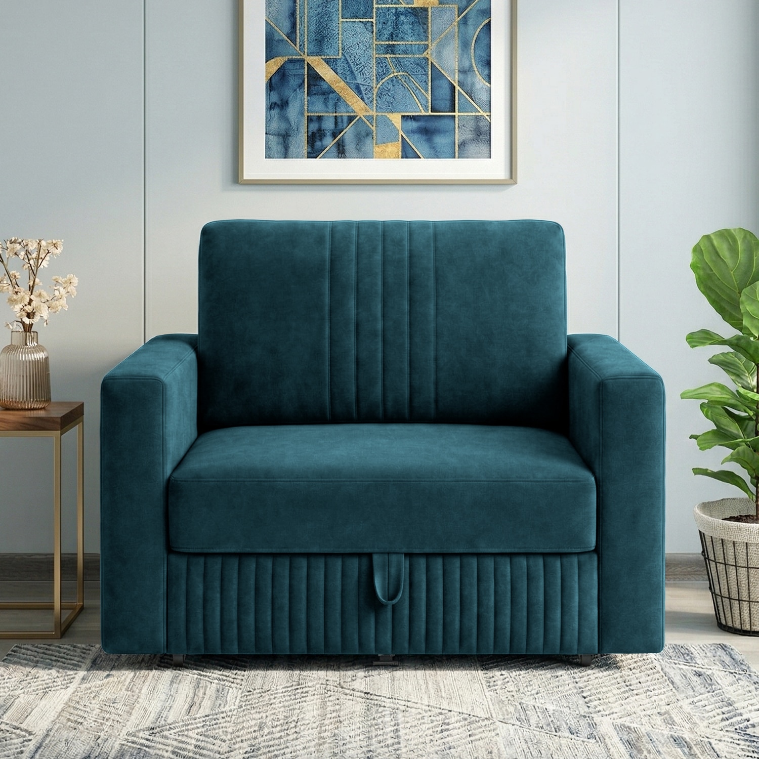 Alfon 1 Seater Velvet Pull Out Sofa Cum Bed with Storage In T Blue