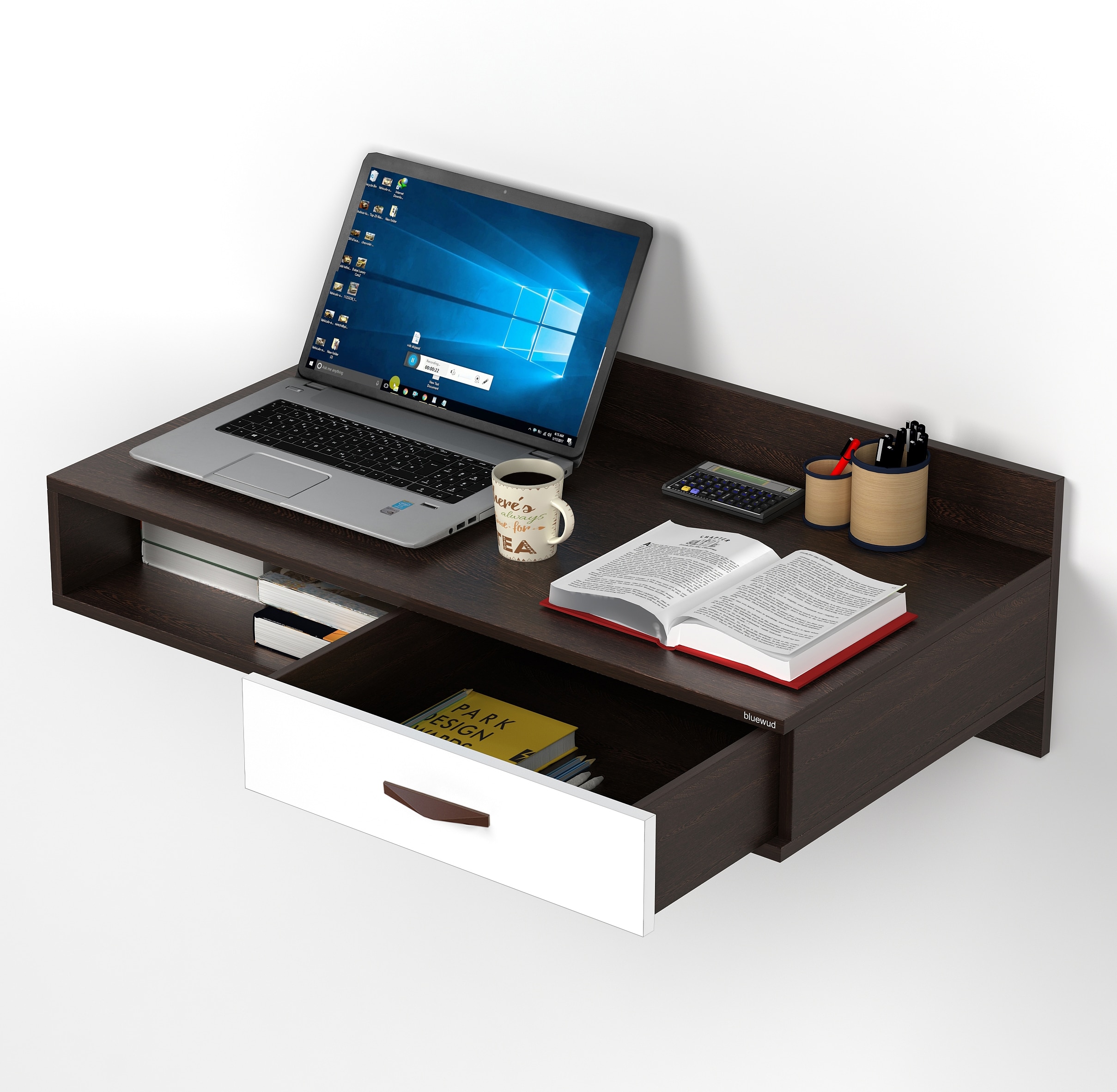 BLUEWUD Reynold Engineered Wall Mount Wood Study and Computer Laptop Table for Home or Office, WFH Desk, with Drawer Shelves Storage for Books and D�cor Display (Wenge & White)