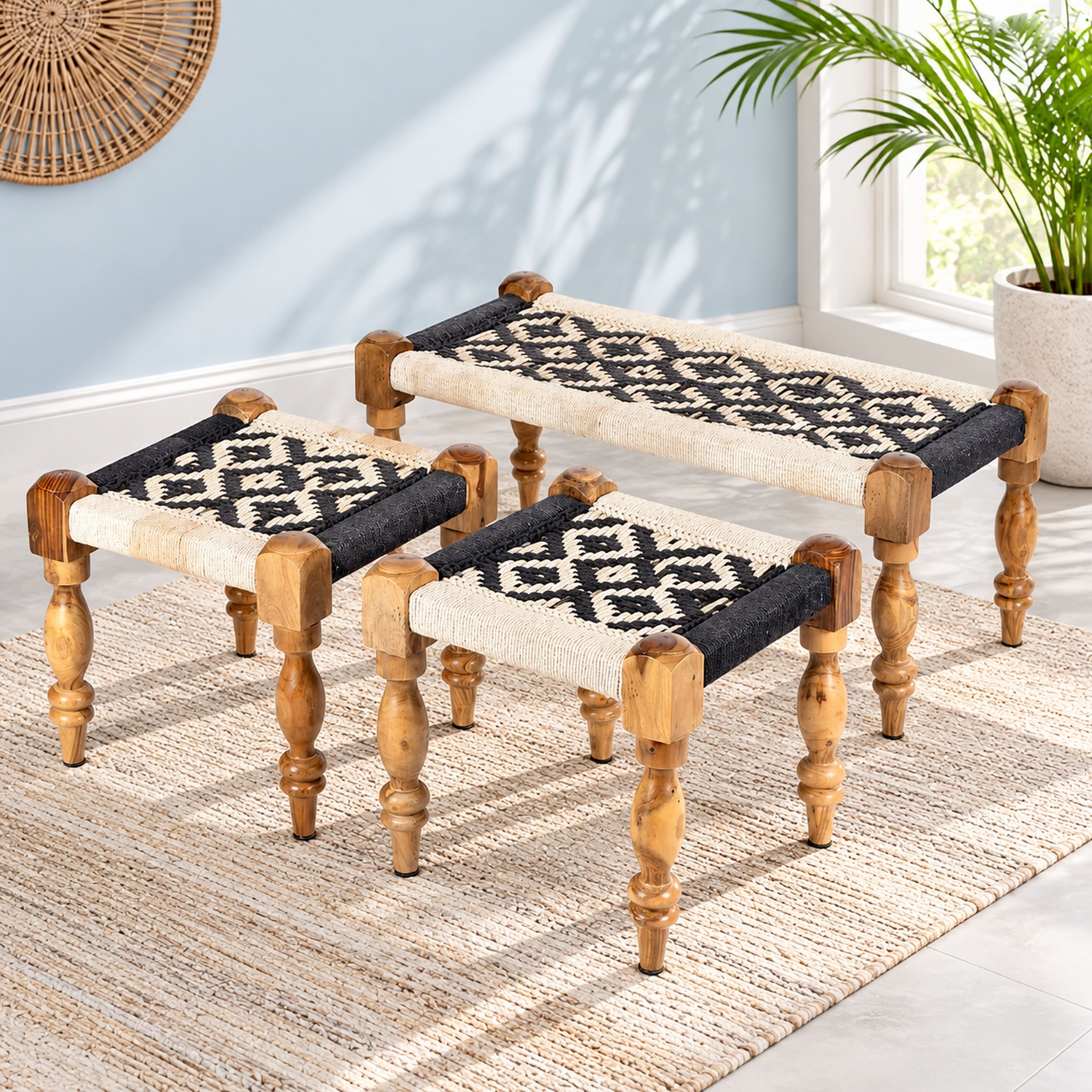 Oakville Sheesham Wood Vintage 2 Seater Maachi Balcony Bench with 2 Stools in Black and White