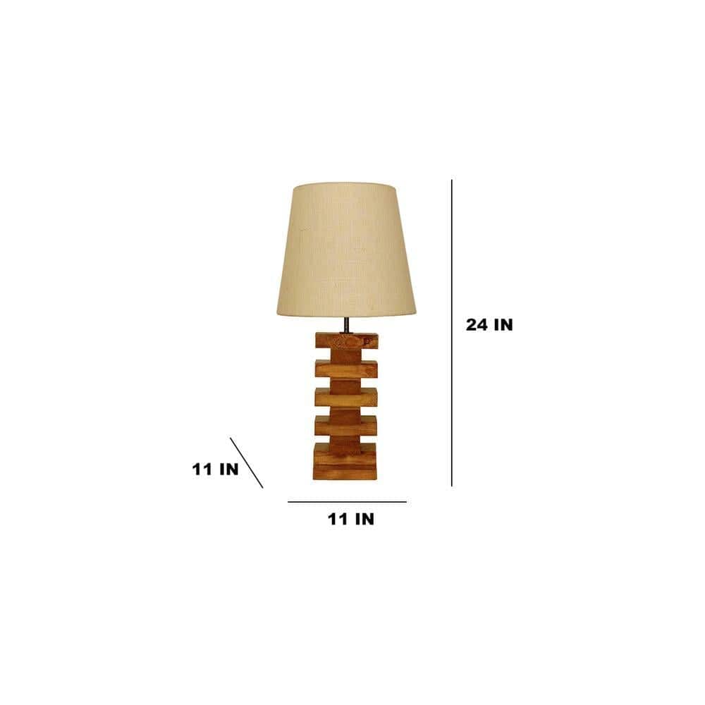 Libra Brown Wooden Table Lamp with White Fabric Lampshade