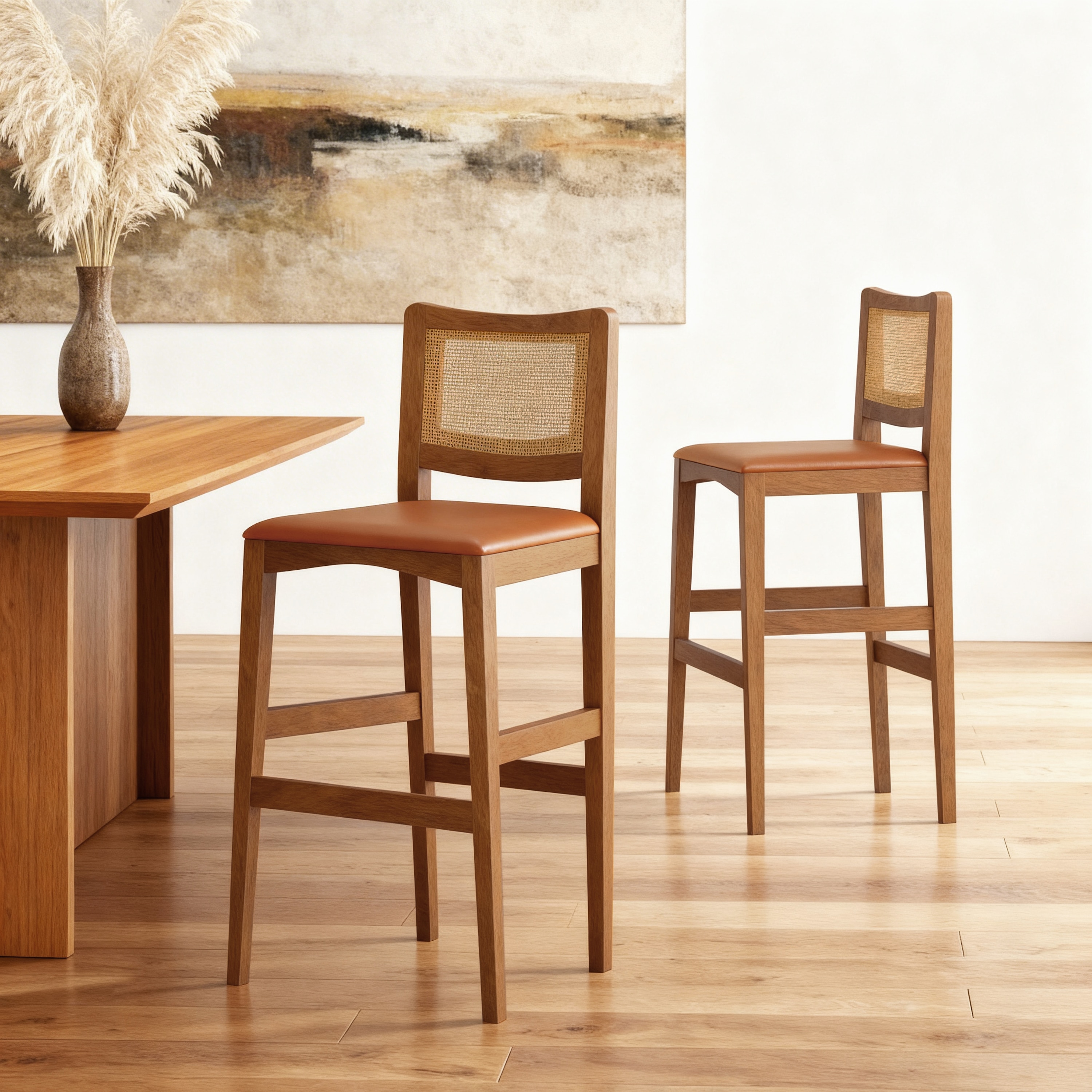 Weber Solid Wood Bar Chair In Amber Walnut Finish and Nappa Tan Leatherette Colour