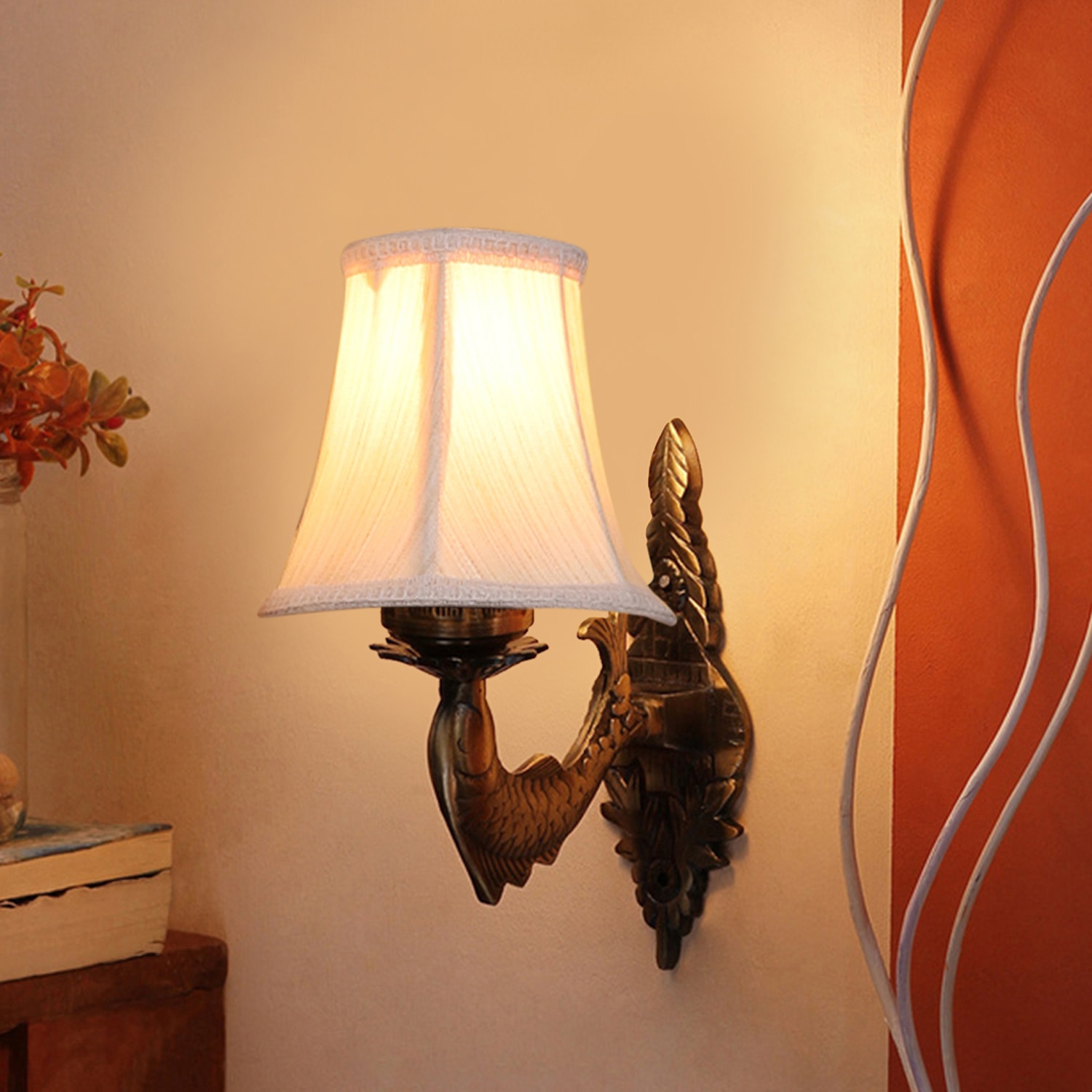 Devansh Gold Antique Wall Mounted Lamp With Off-White Cotton Shade