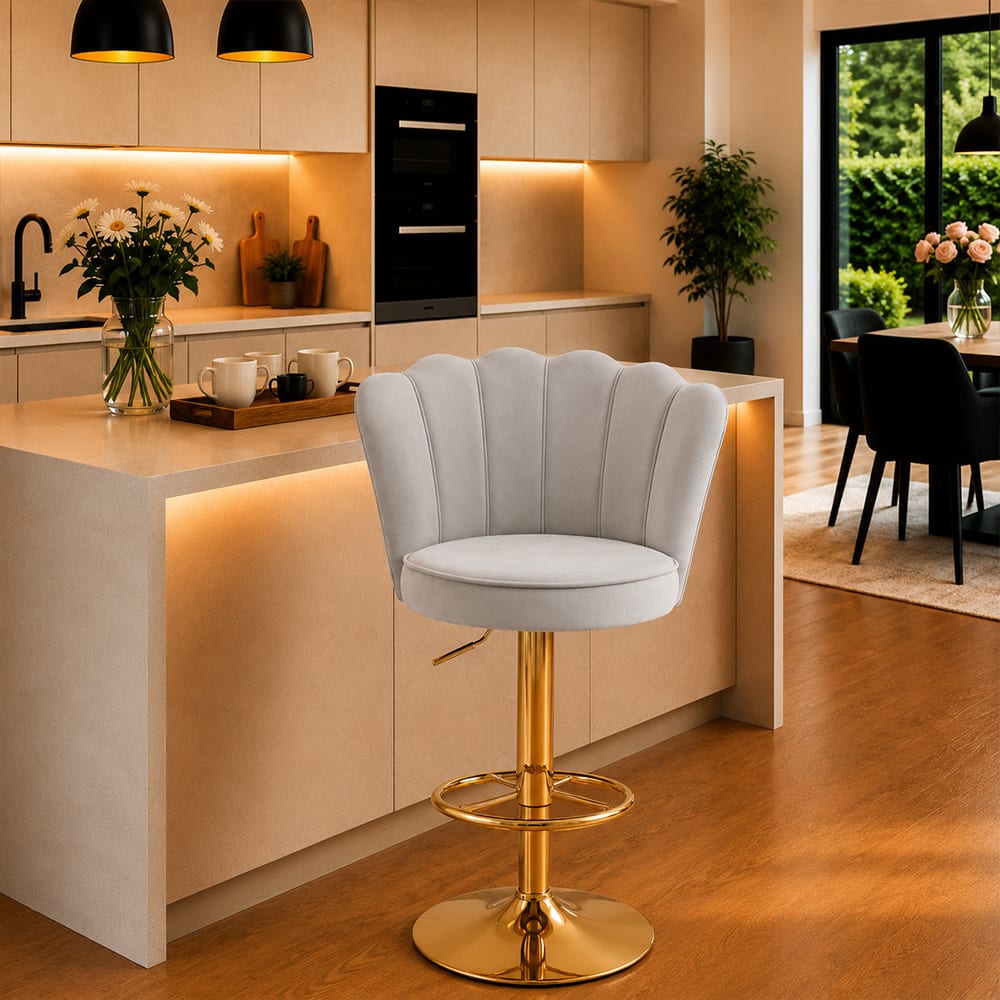 Doe Buck Luxury Grey Velvet Adjustable Bar Stool Chair with Gold Hydraulic Base - Doe Buck