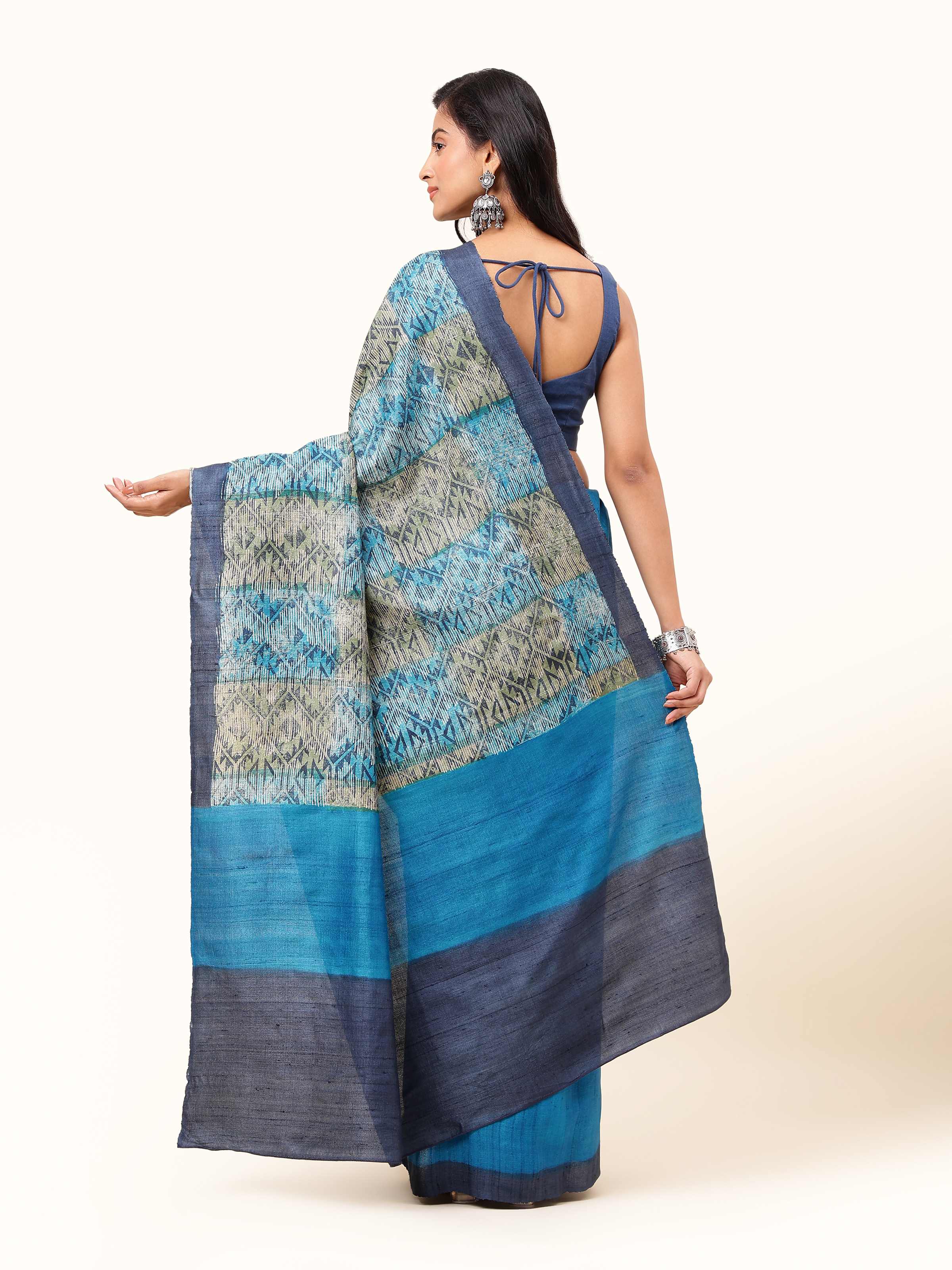 Indigo Tussar Silk Discharge Printed Saree