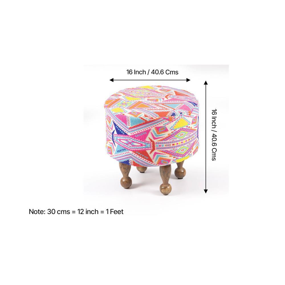 Louisville Acacia Wood Parisian Round Pouffe in Multicolour Jacquard