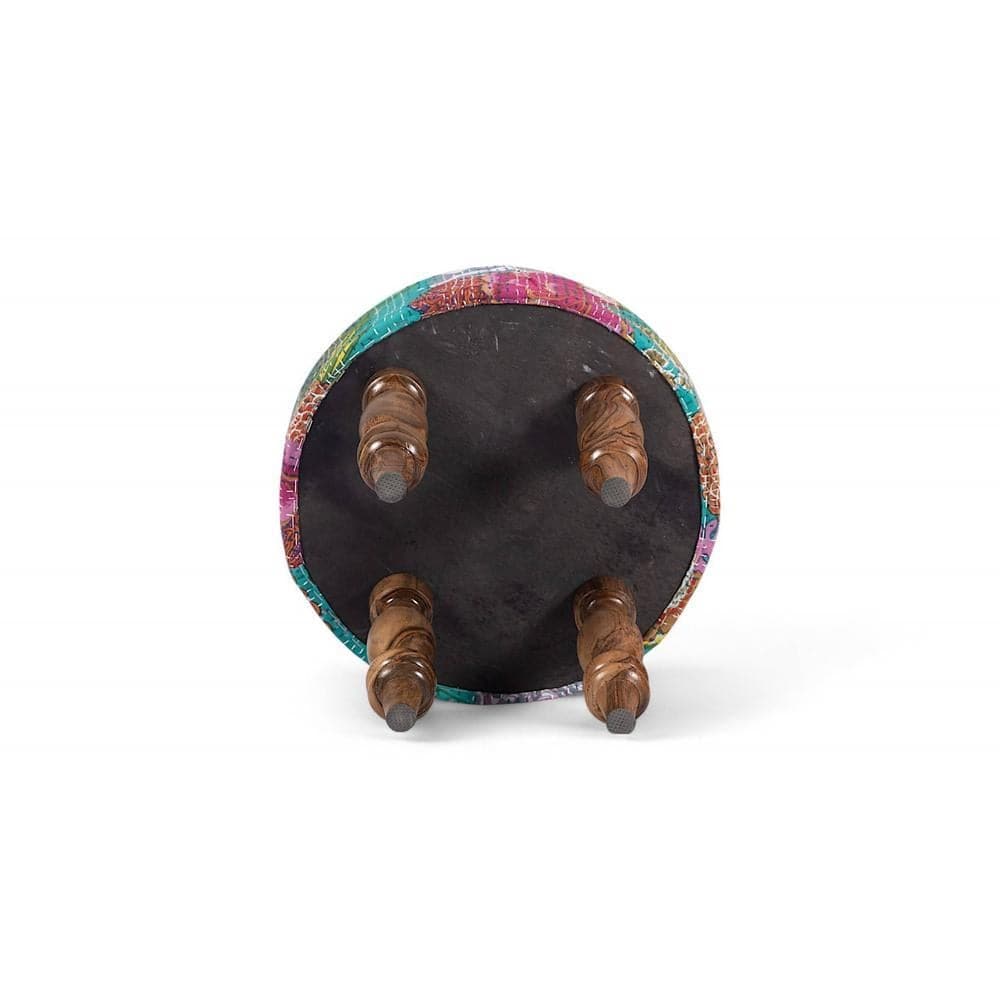 Roswell Sheesham Wood Mid Century Round Set of 2 Stools in Sea Green Fruit Print Kantha Upholstery