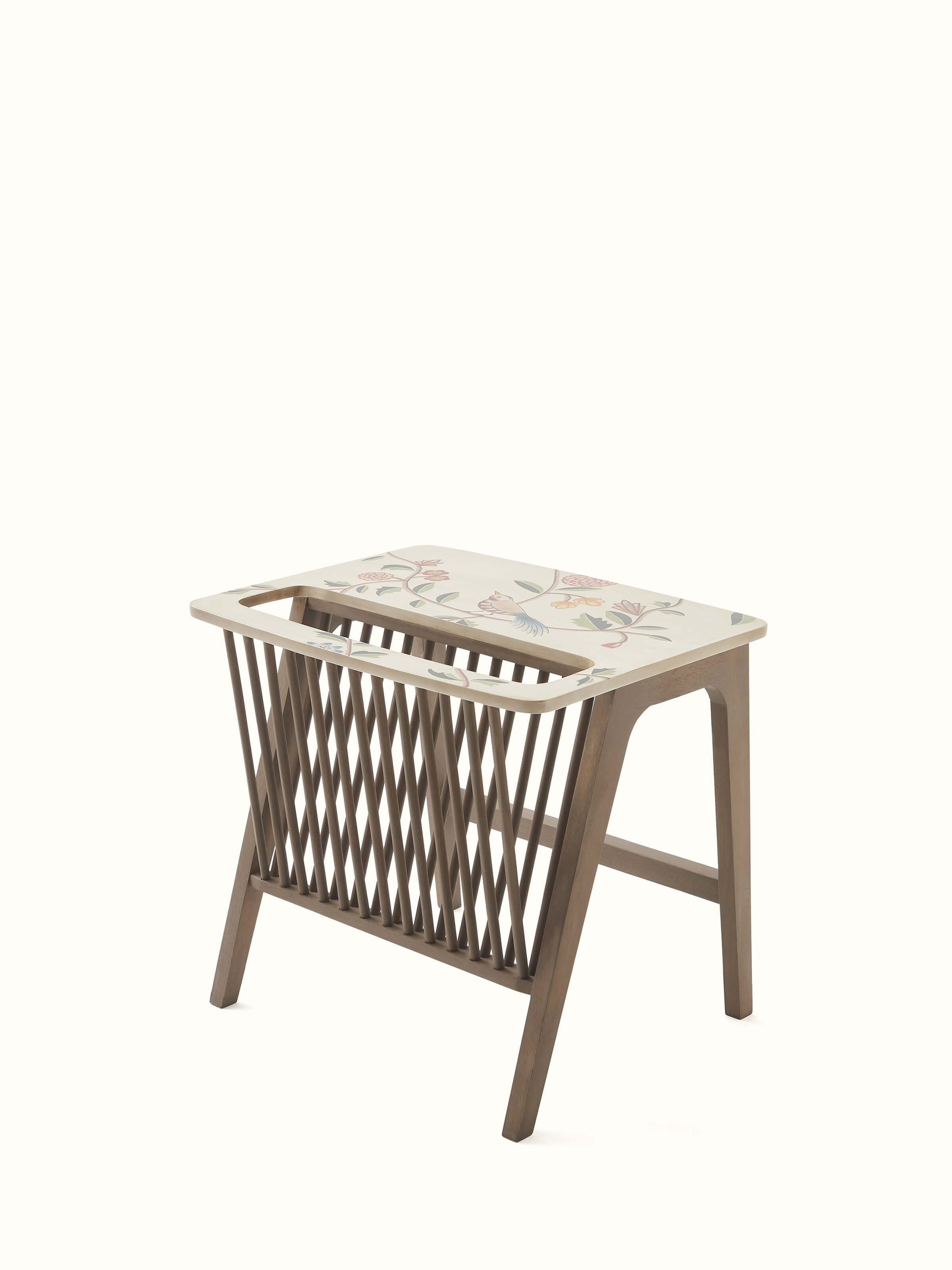 Close-up of the mango wood magazine rack with detailed miniature painting, focusing on the artwork and wood texture.