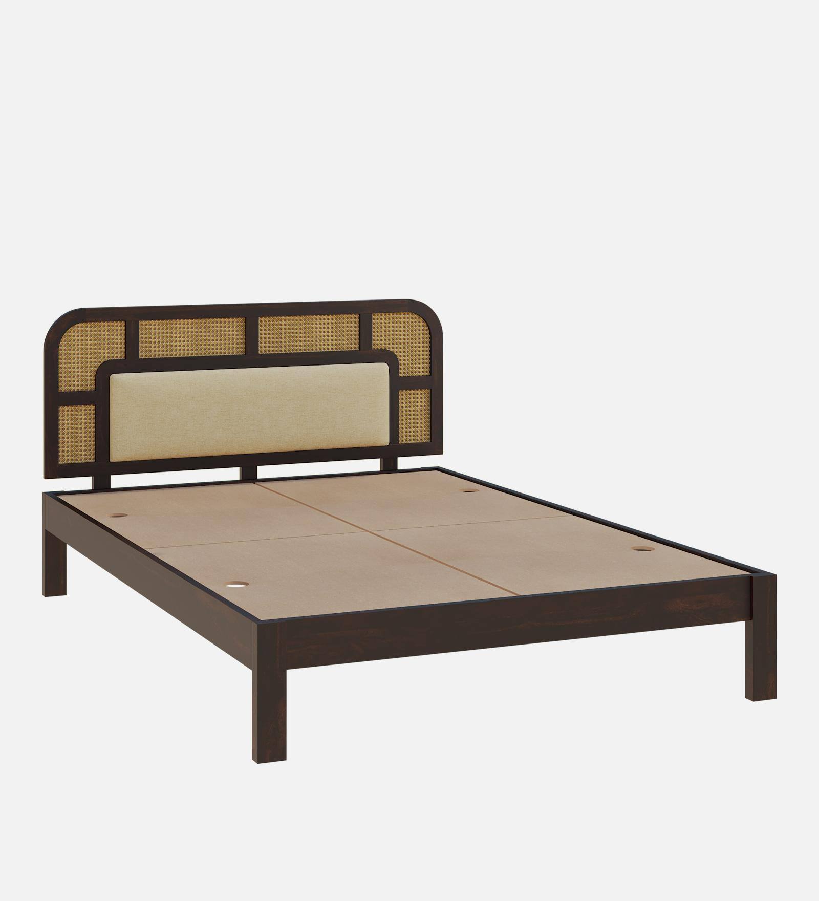 Rattan Solid Wood Queen Size  Bed Without Storage In Walnut Finish