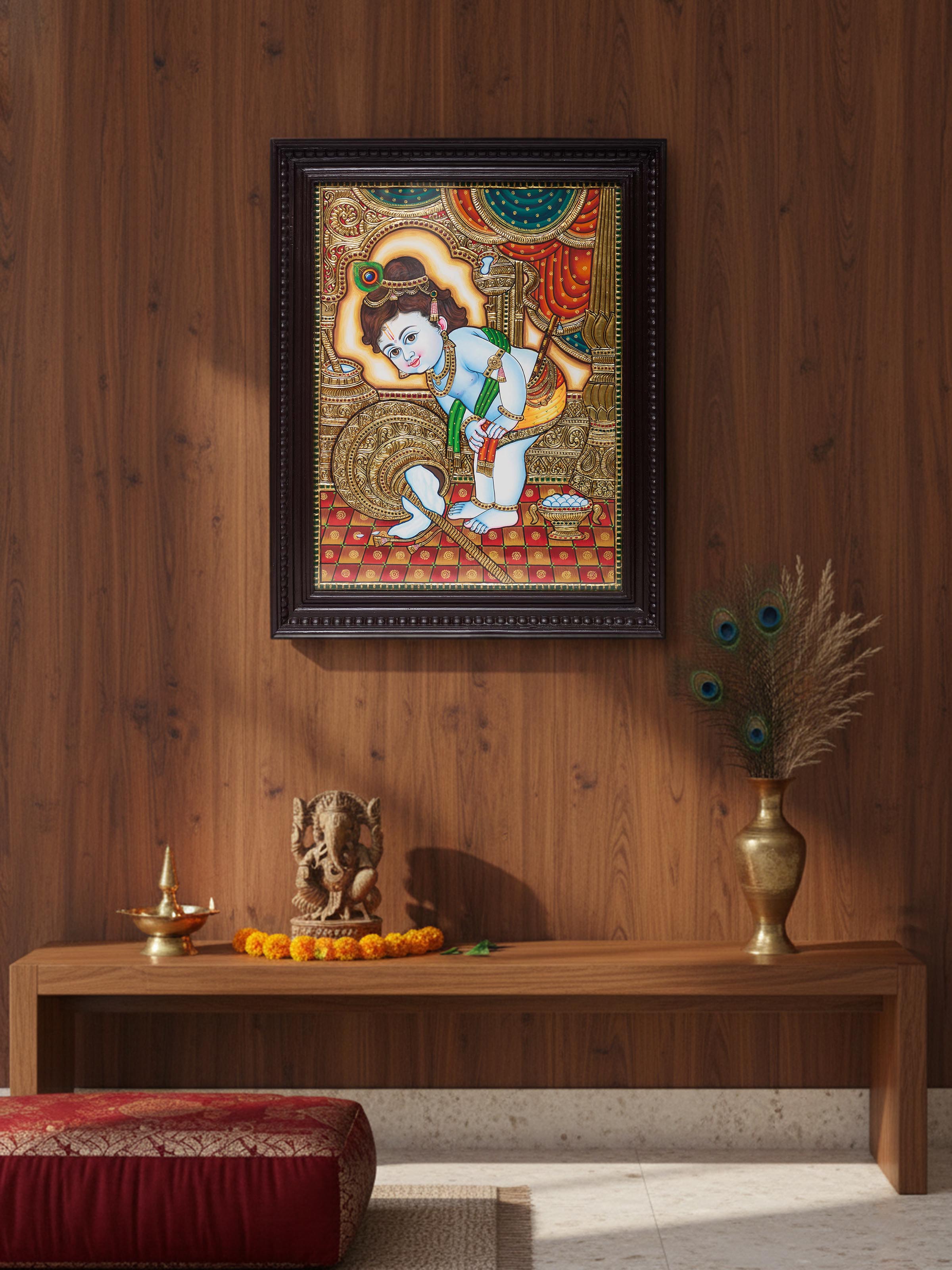 Krishna Thanjavur Teak Wood Painting