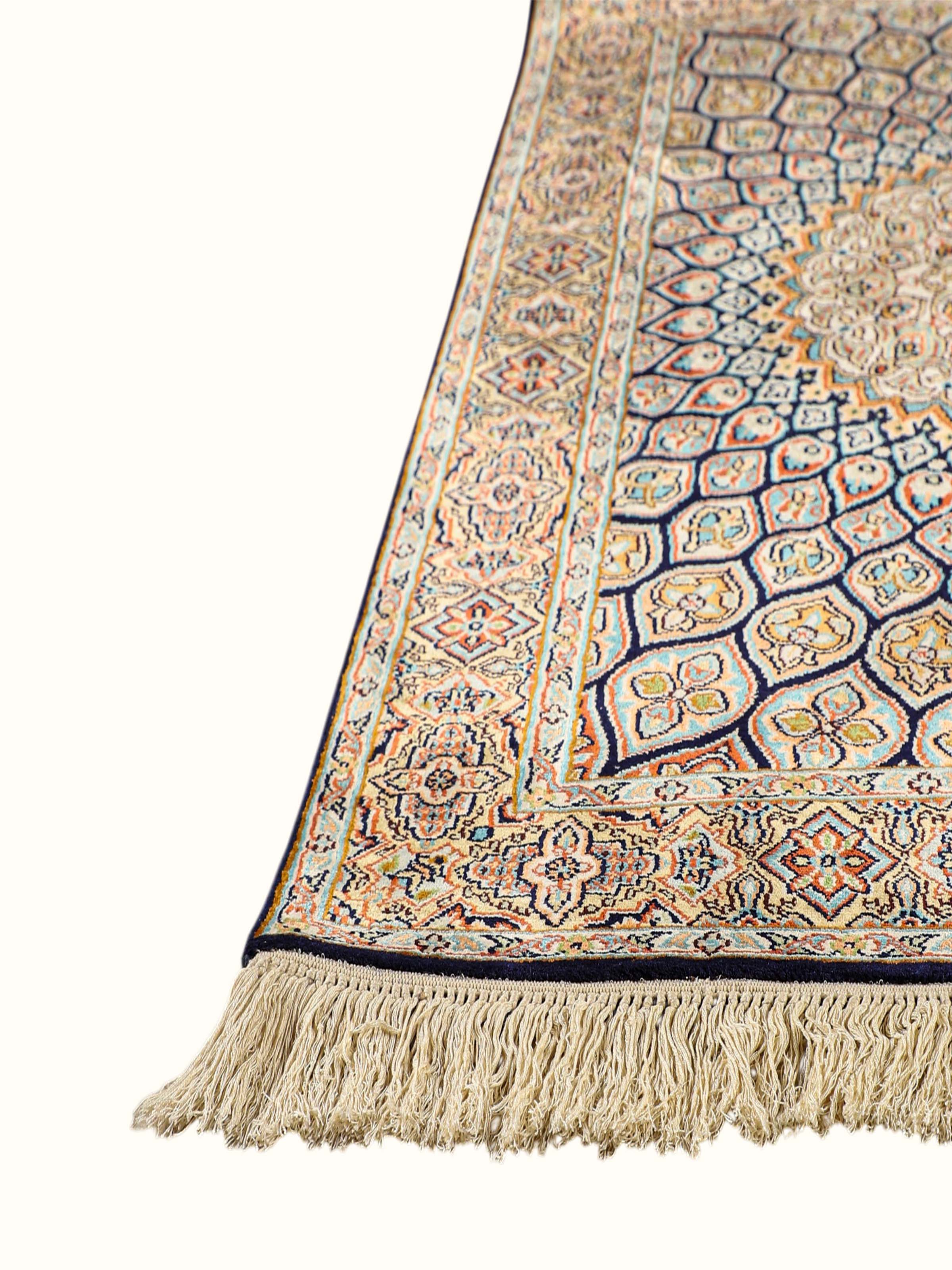 Traditional Persian Navy Ivory Medallion Kashmir Silk Hand-Knotted Carpet