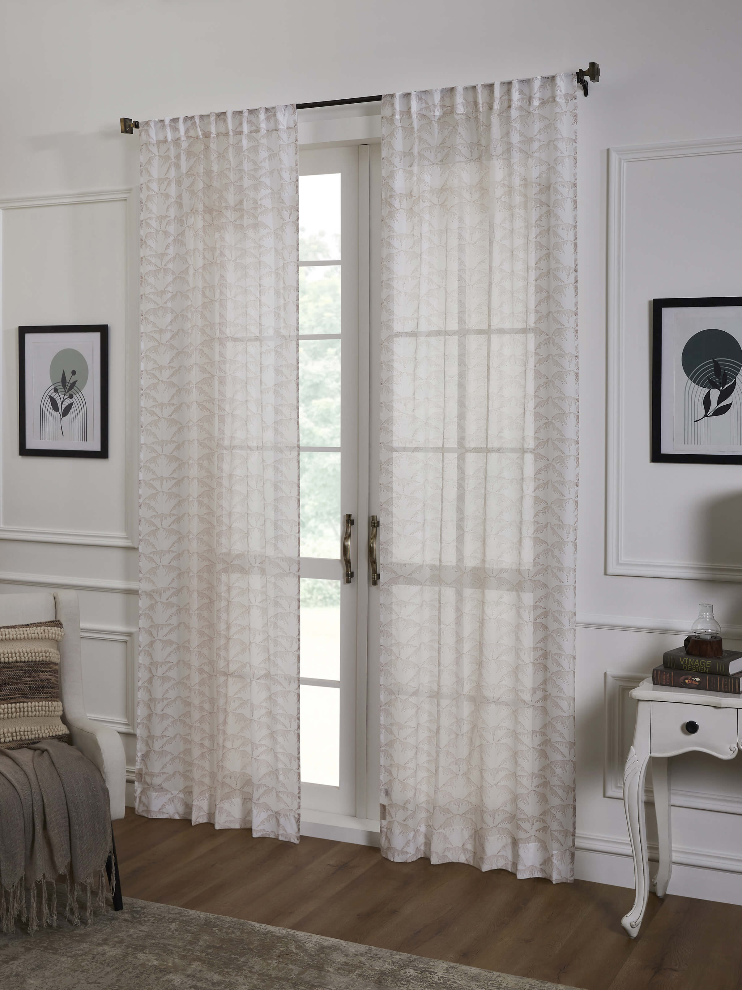 Parvat Beige Cotton Silk Sanganeri Hand Block Printed Curtain, Long Door (9 Ft)