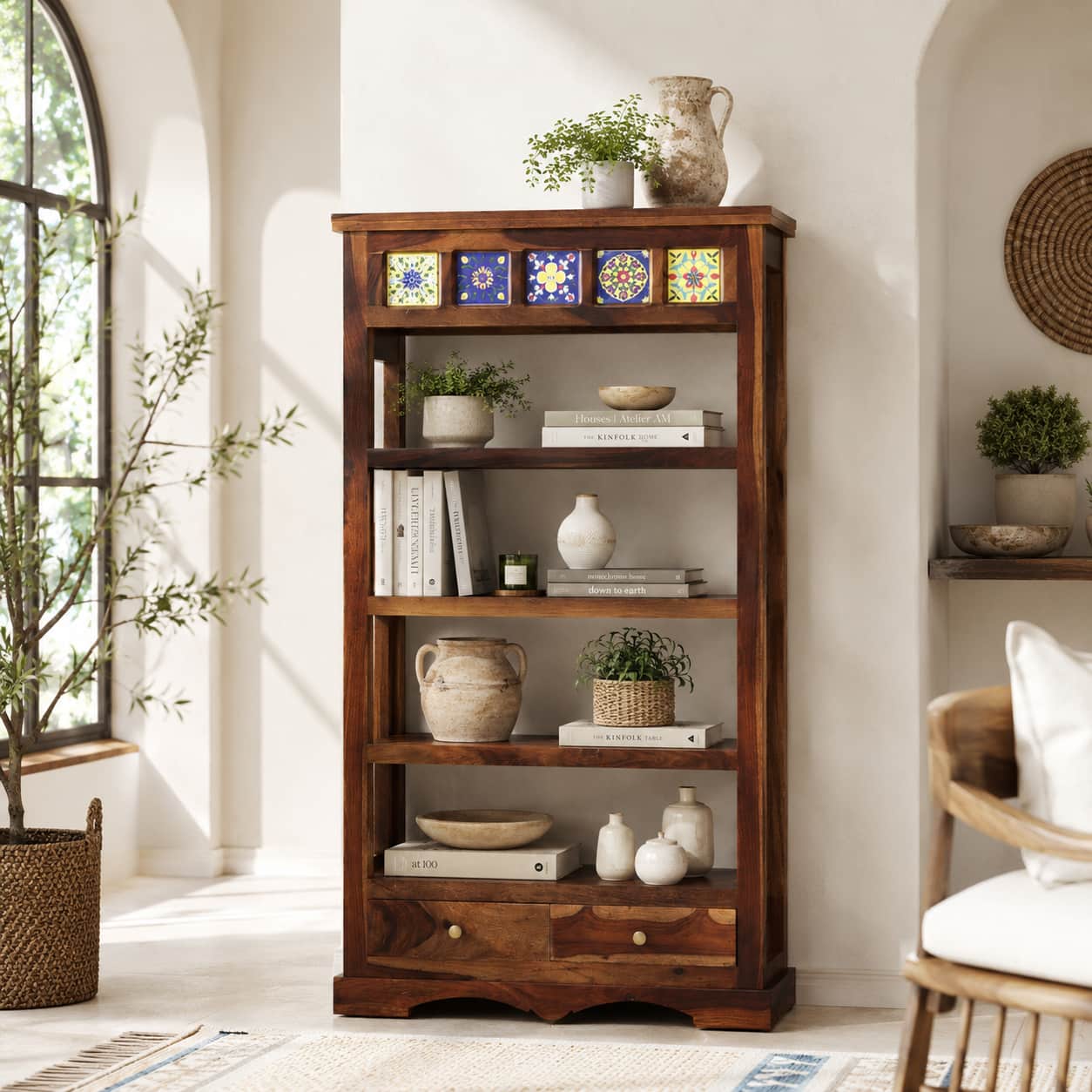 Rangrez Sheesham Wood Bookshelf in Provincial Teak Finish - Woodenmood