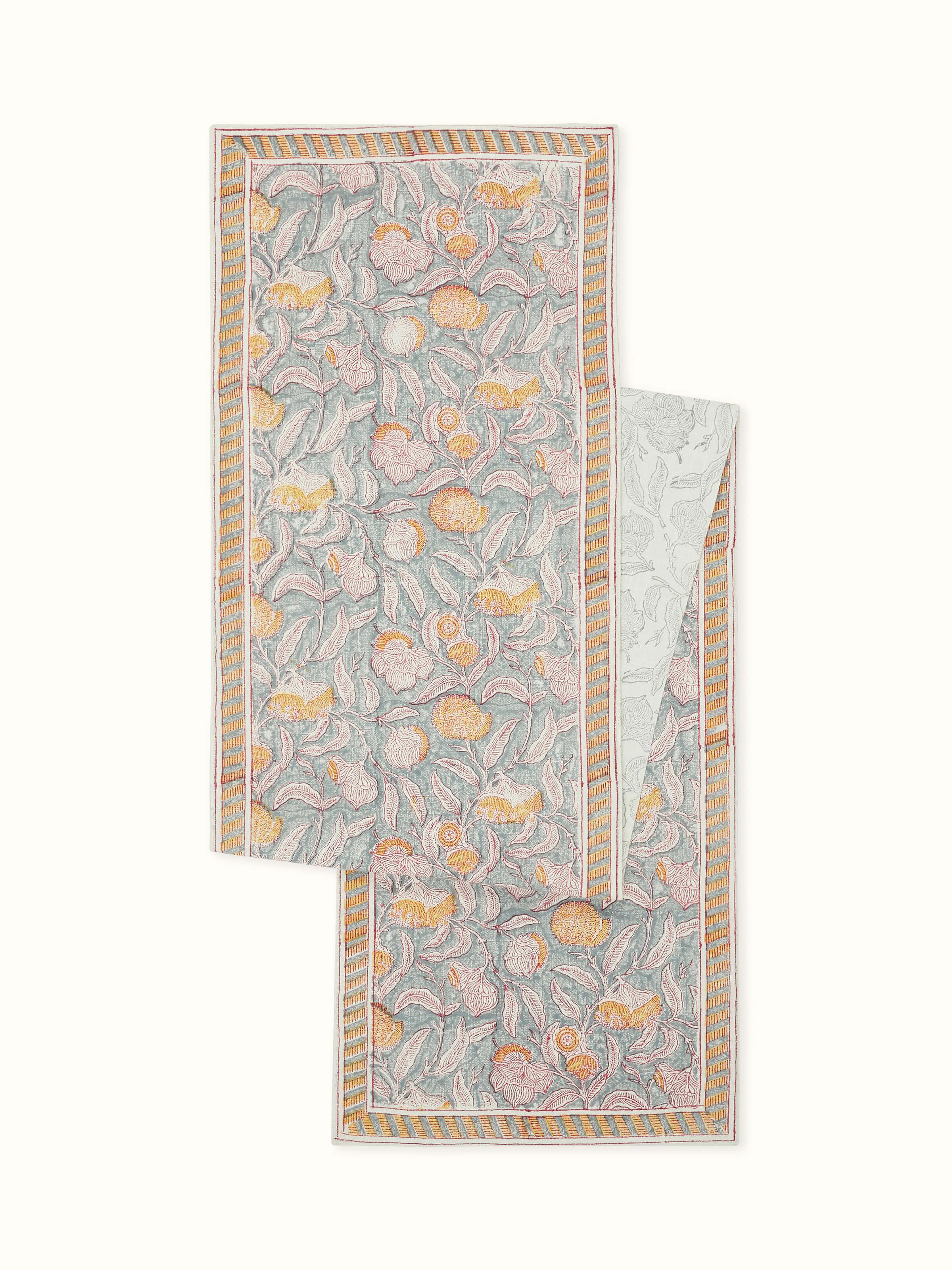 Samaha Grey Floral Cotton Sanganeri Hand Block Printed Table Runner (6 Seater)
