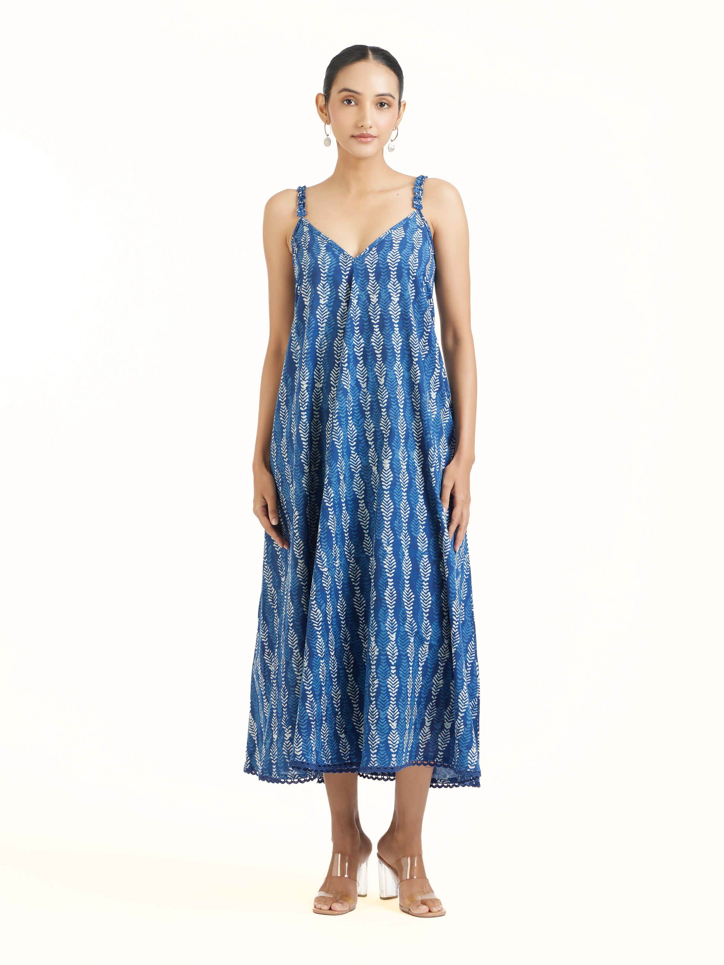 Front view of Prika cotton Dabu block printed dress showcasing vibrant patterns and soft texture