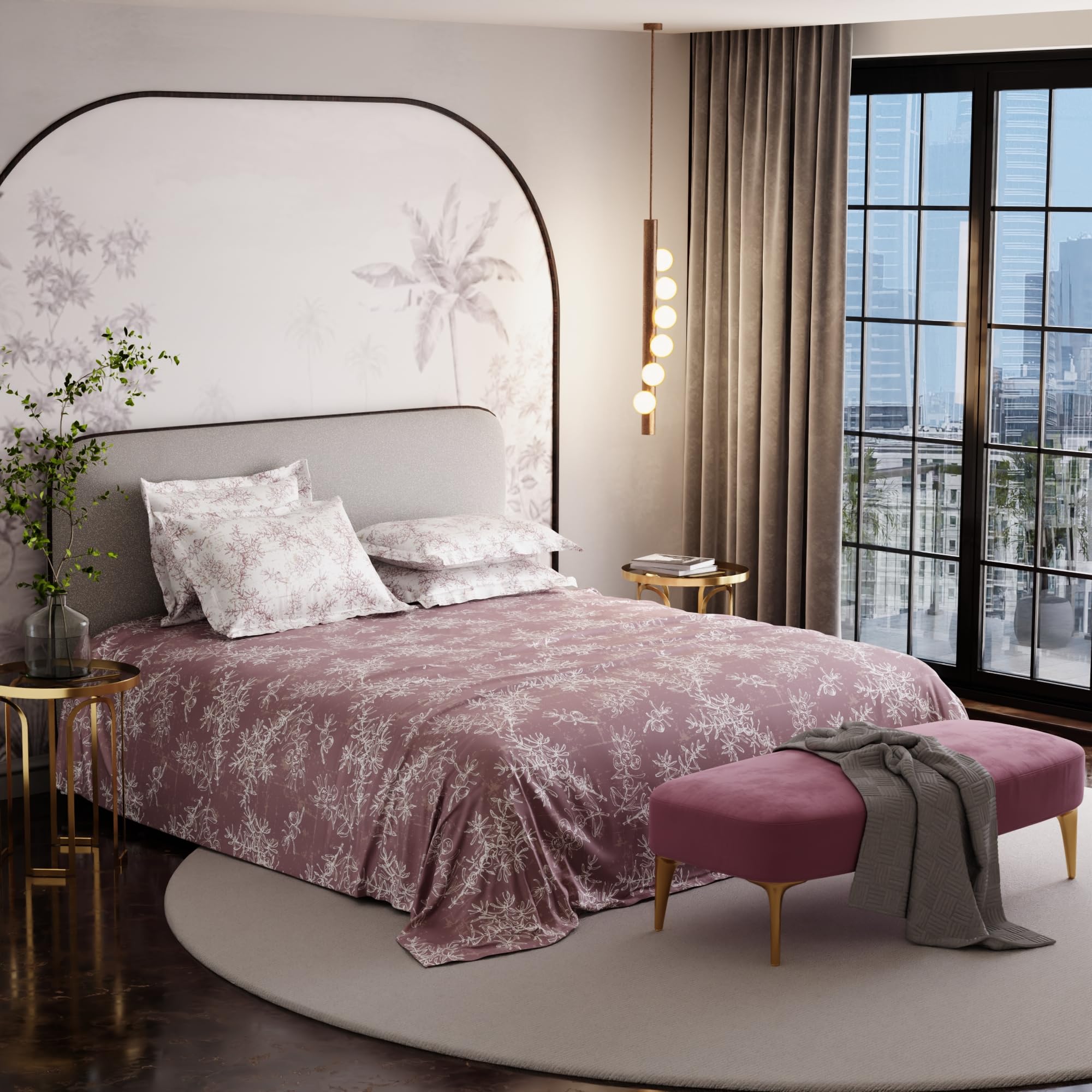 Stoa Paris Super King Size Cotton Bedsheet with 4 Pillow Covers  Size Ember Leaf Coral - Stoa Paris