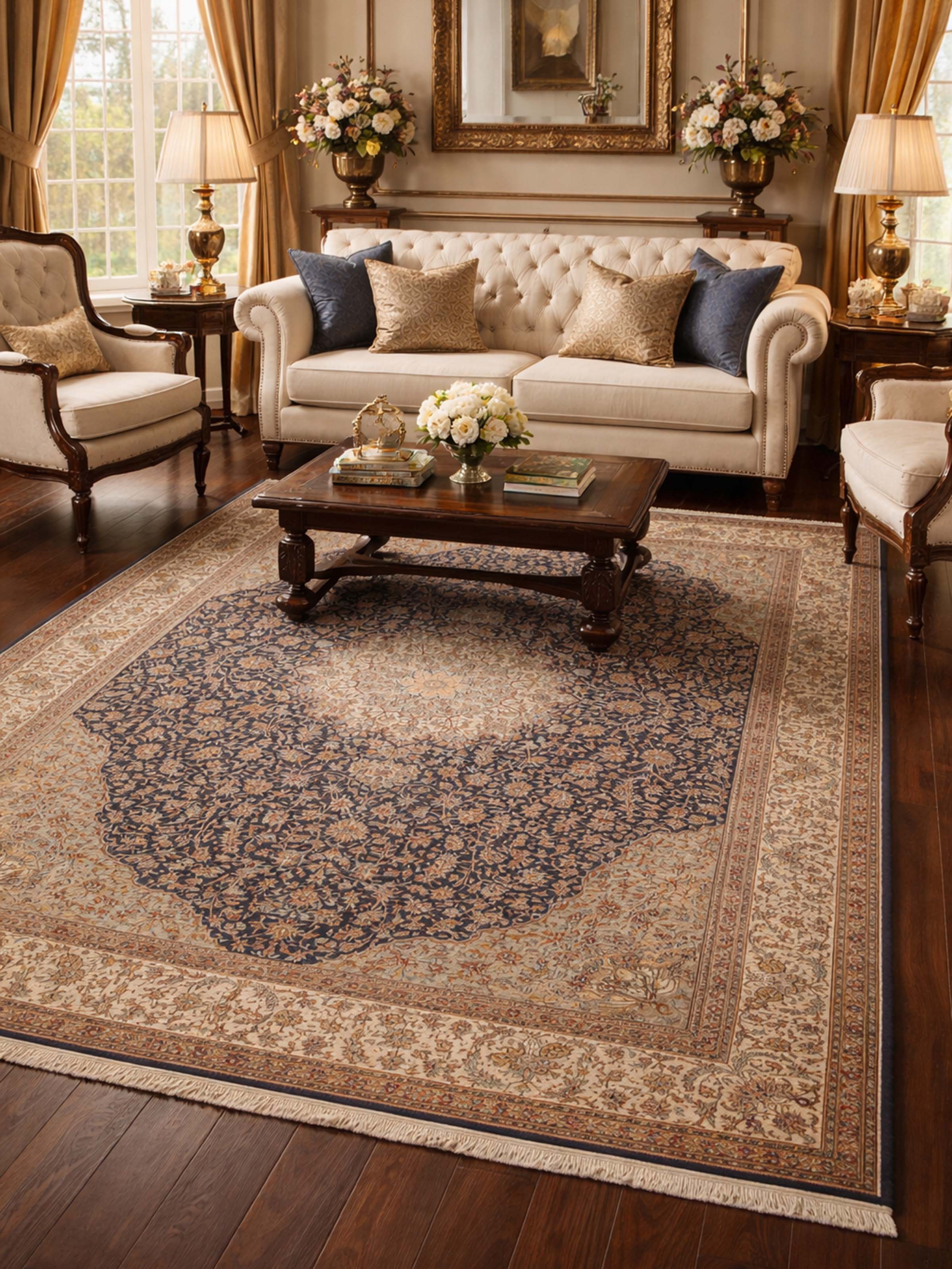 Traditional Persian Navy Ivory Kashan Kashmir Silk Hand-Knotted Carpet