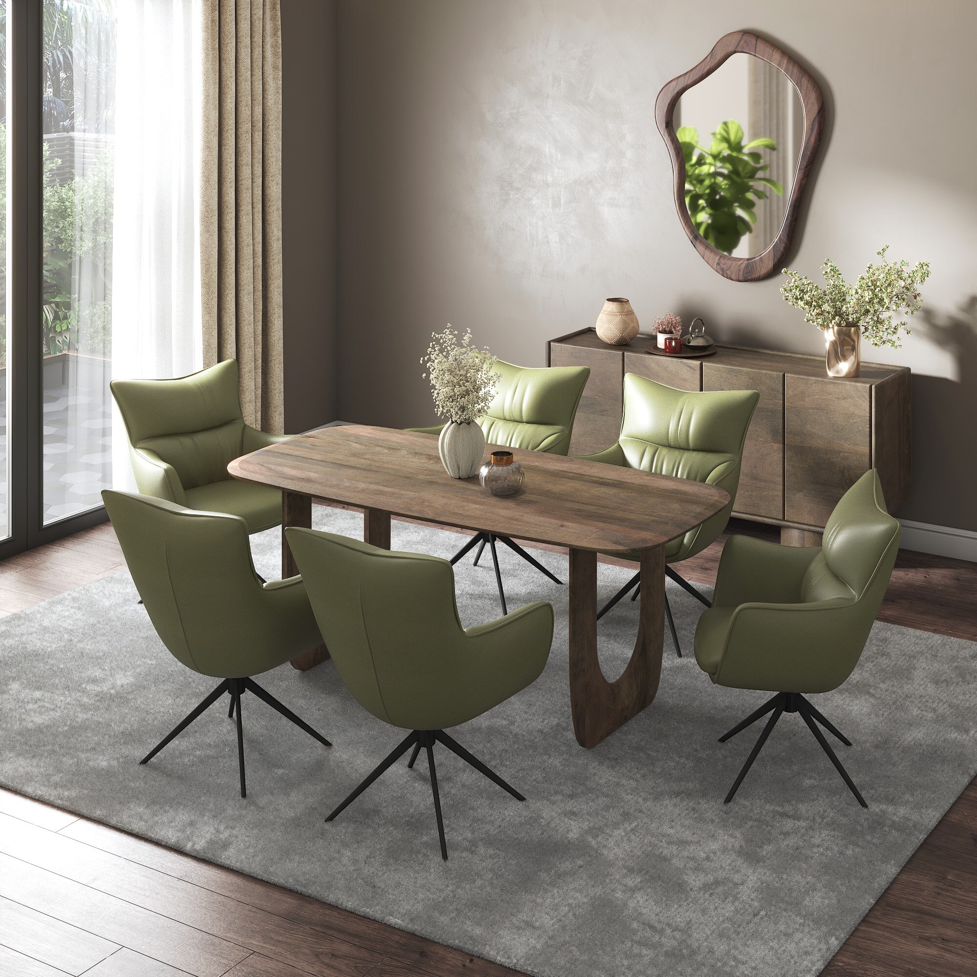 Aero Solid Wood 6 Seater Dining Table With 6  Beck Dining Chairs (Finish : Danish Walnut, Chair Colour : Olive Leatherette) - Urban Ladder