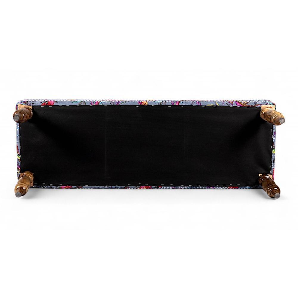 Cairo Solid Wood 2 Seater Bench In Bird Print Grey Kantha Fabric