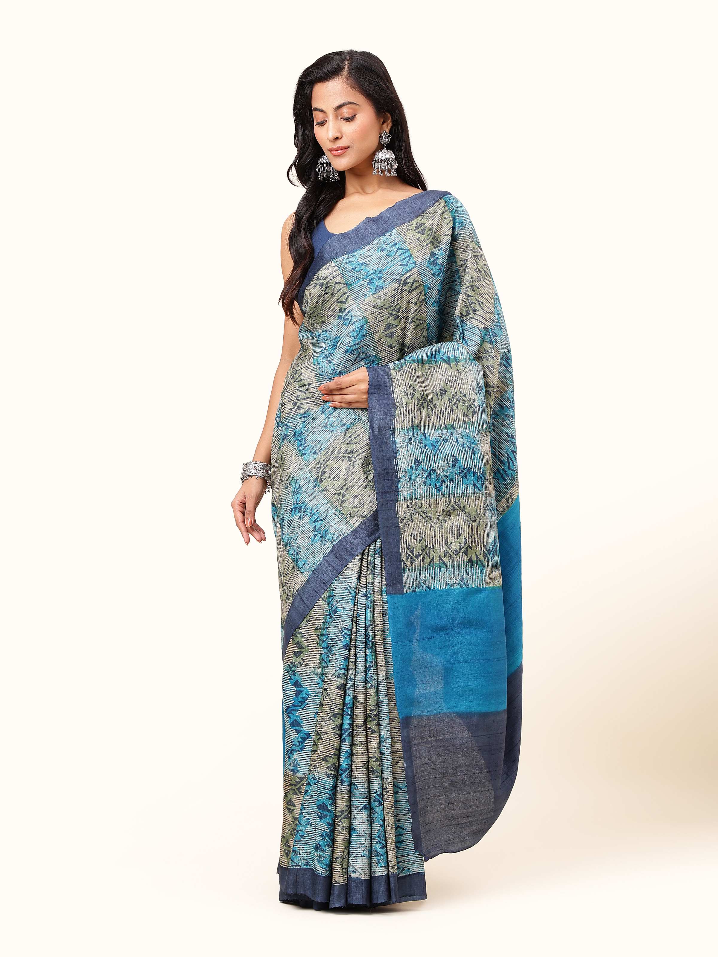 Indigo Tussar Silk Discharge Printed Saree