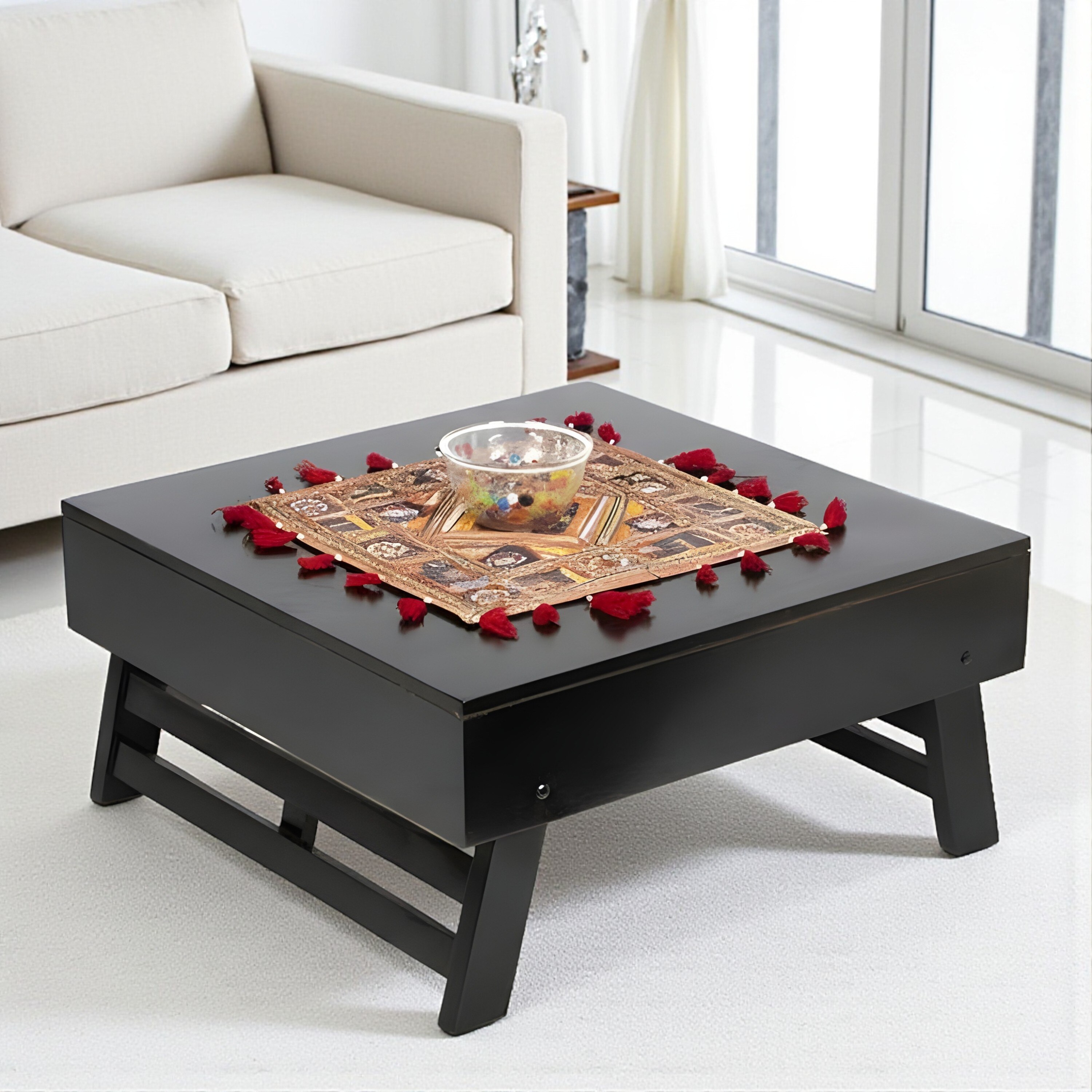Bradford Sheesham Wood Contemporary Square Foldable Coffee Table In Extra Dark Mahagony Finish