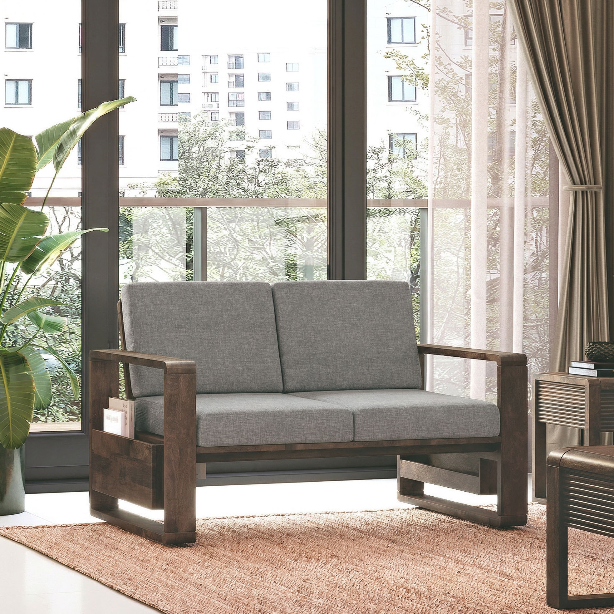 Moreno Two Seater Solid Wood Sofa In Danish Walnut Finish with Flint Grey Futon Colour - Urban Ladder