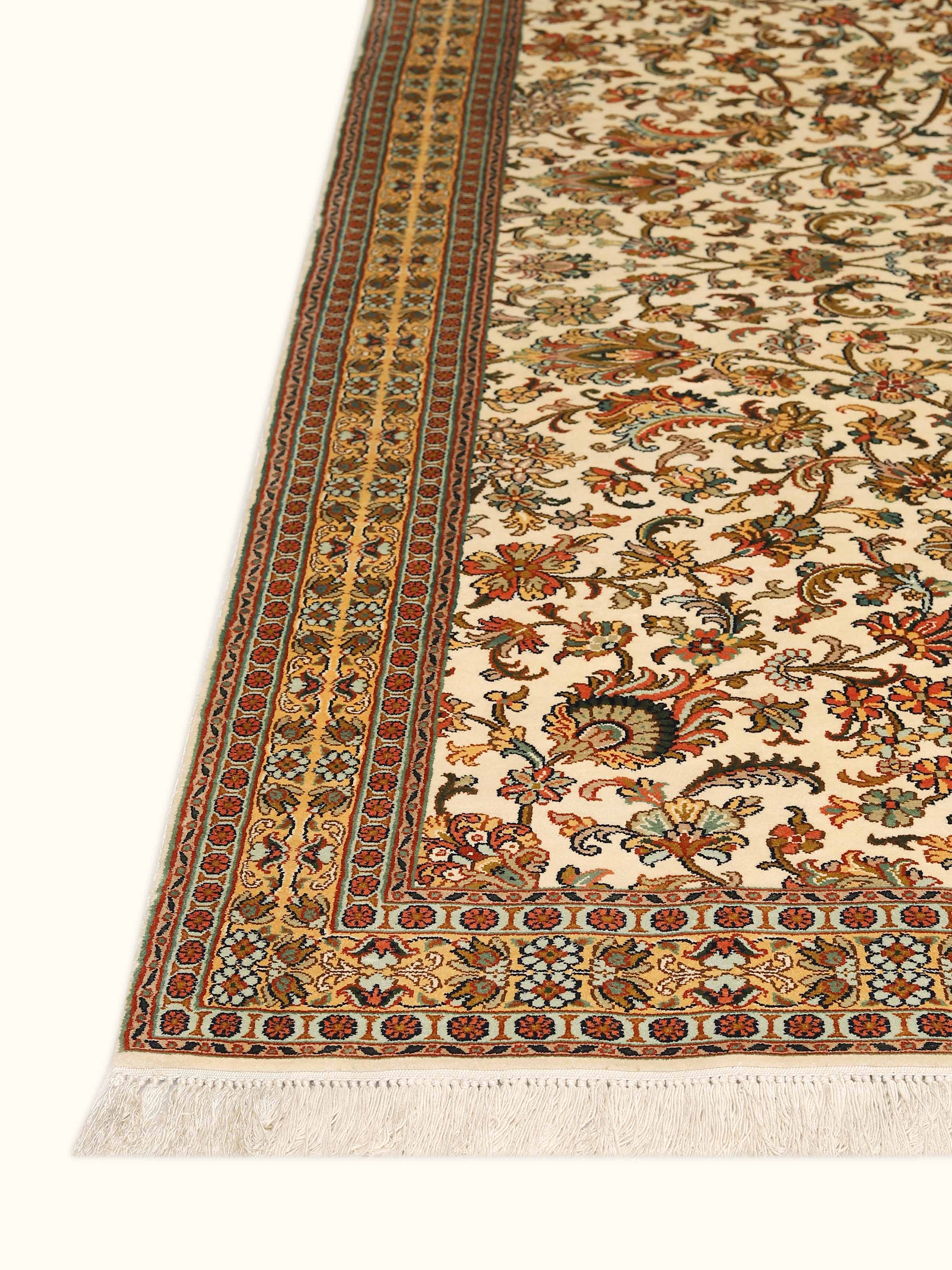 Traditional Persian Ivory Tabriz Kashmir Silk Hand-Knotted Carpet