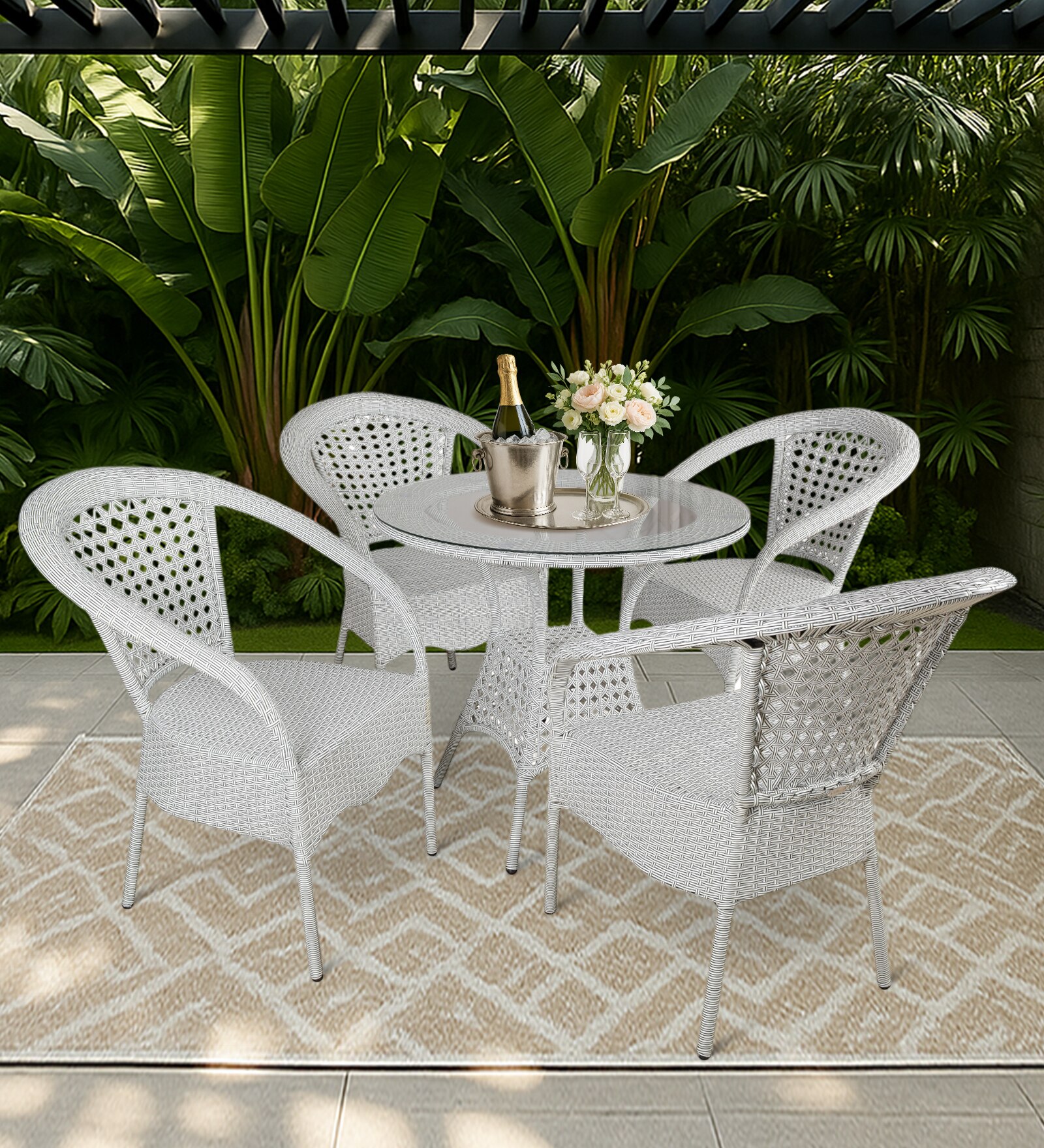 Griffith Wicker Table And Chair Set In  White And Black Dual Tone Finish